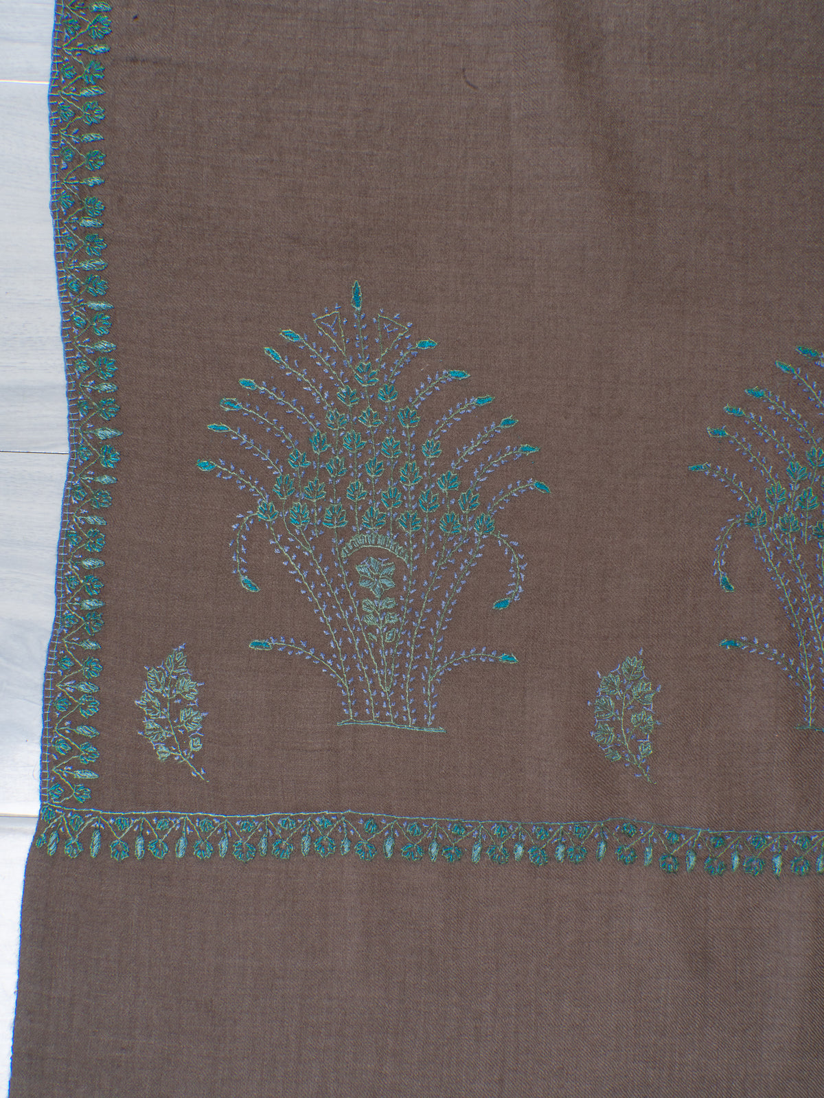 Earth and Turquoise Fine Merino Wool Shawl with Sozni Hand Embroidered Botanical Accents