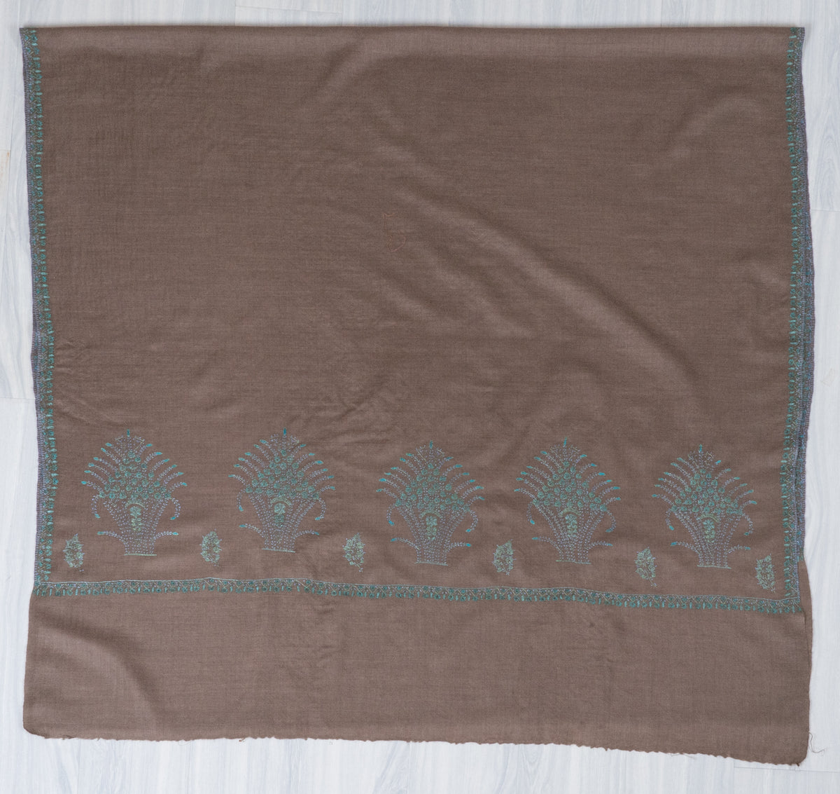 Earth and Turquoise Fine Merino Wool Shawl with Sozni Hand Embroidered Botanical Accents
