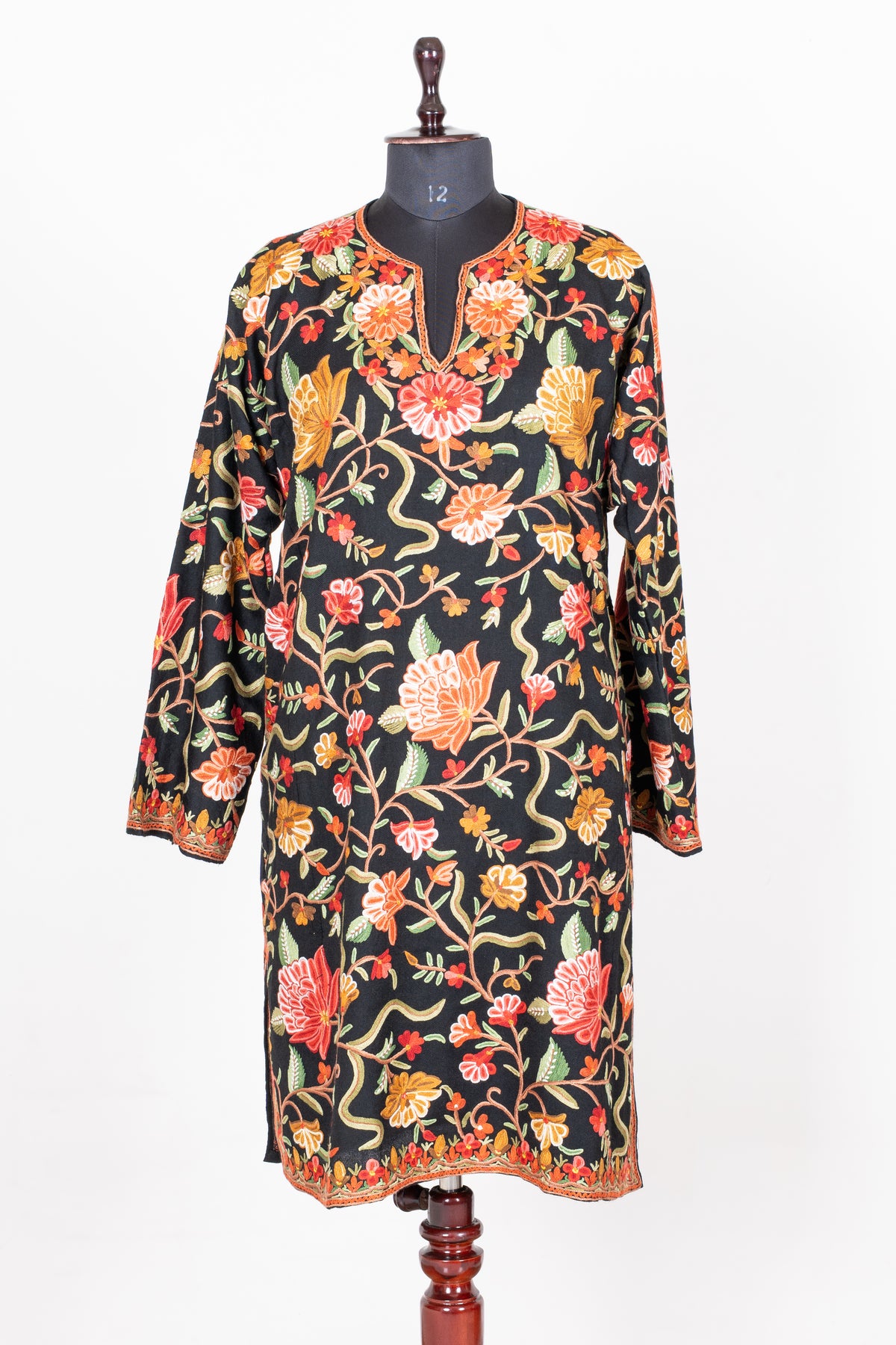 Midnight Floral Garden: Aari Hand Embroidered Fine Merino Wool Pheran