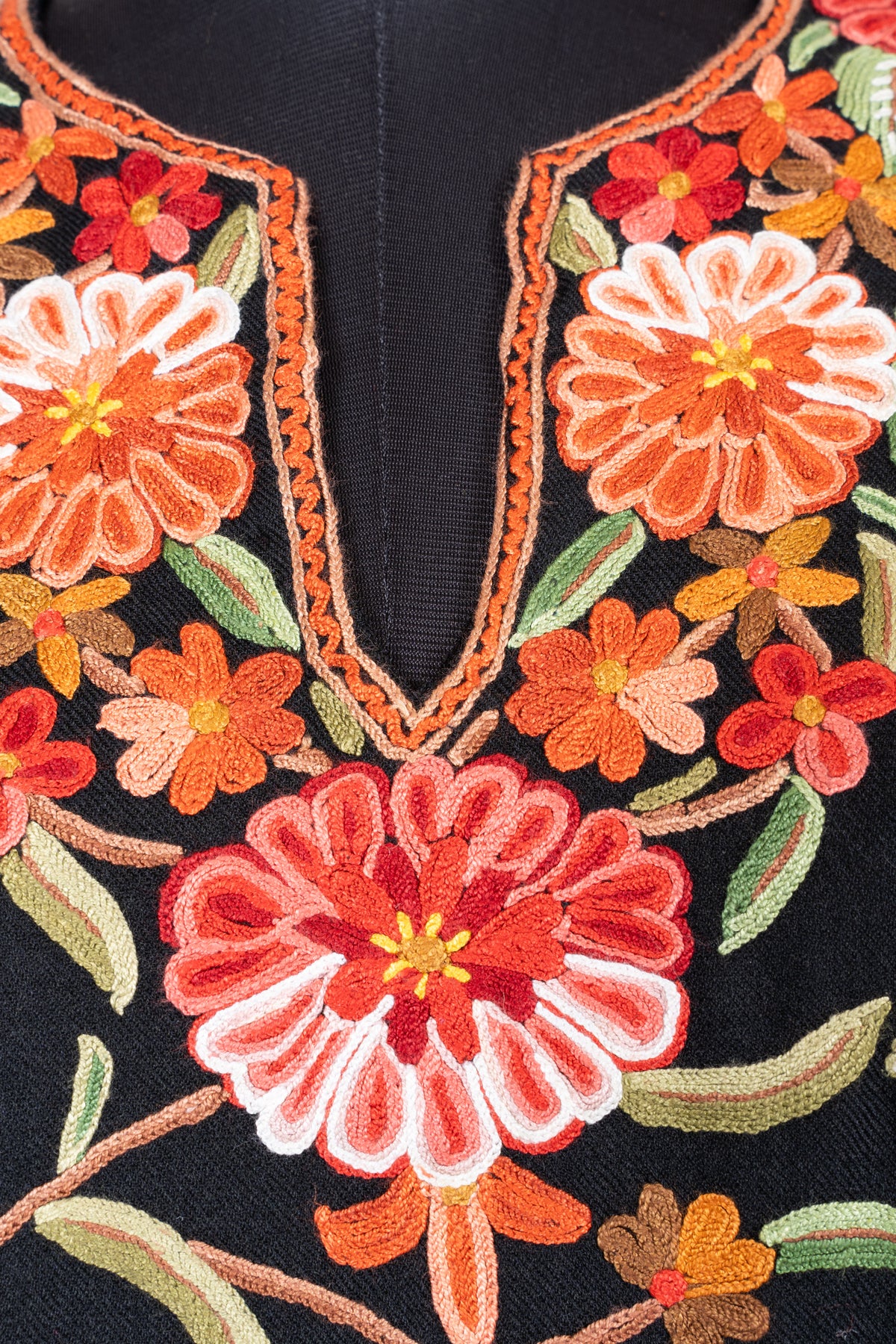 Midnight Floral Garden: Aari Hand Embroidered Fine Merino Wool Pheran