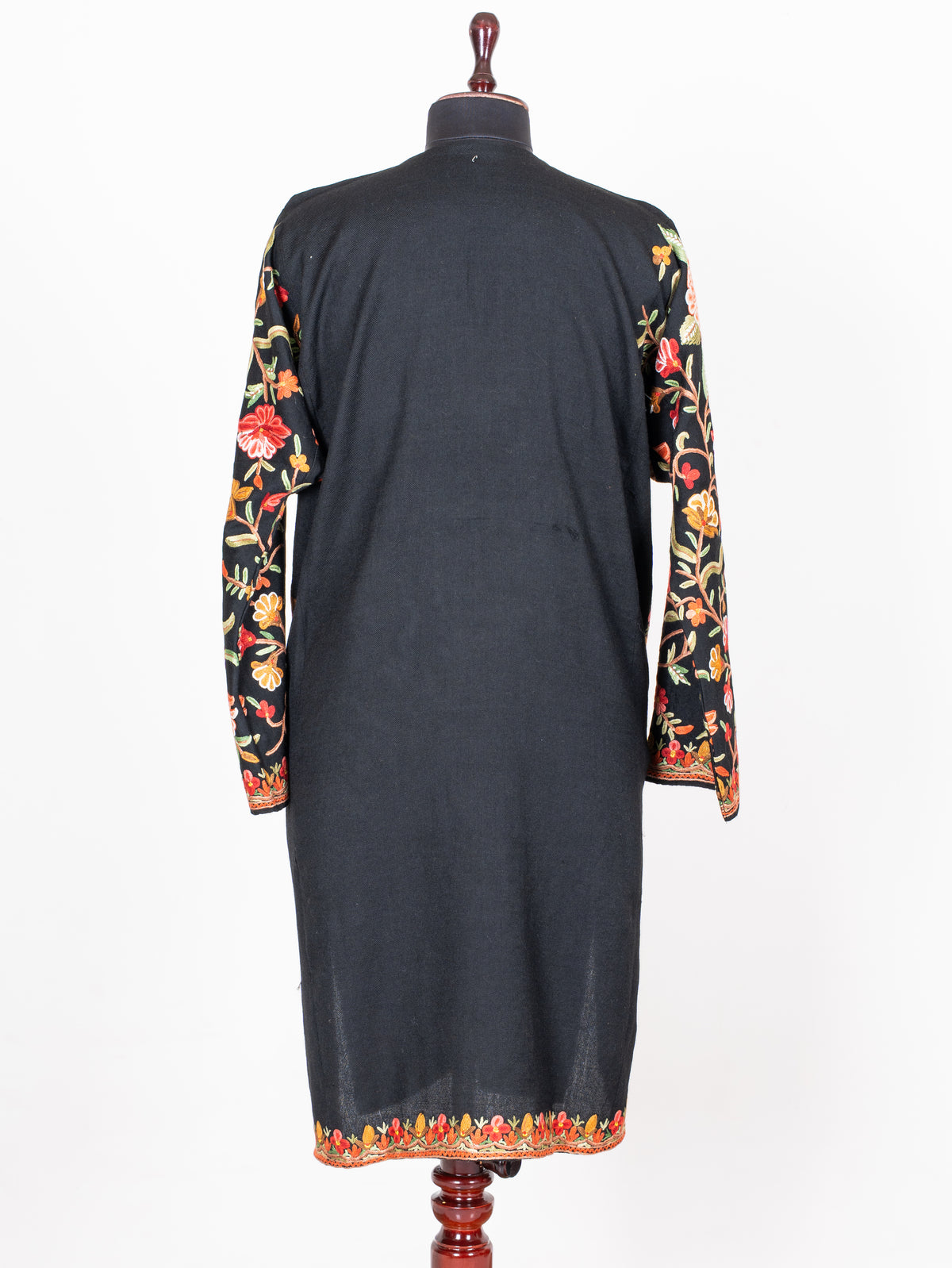 Midnight Floral Garden: Aari Hand Embroidered Fine Merino Wool Pheran