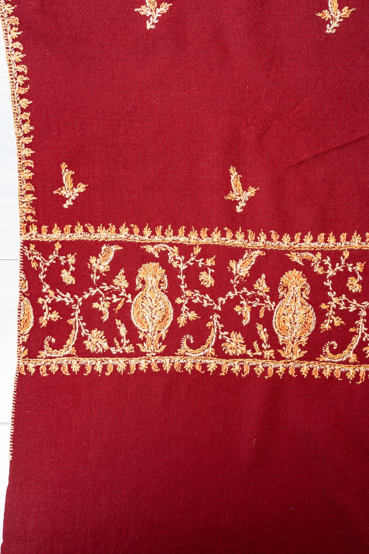 Royal Garnet Fine Merino Wool Shawl with Golden Sozni Hand Embroidered Floral Accents