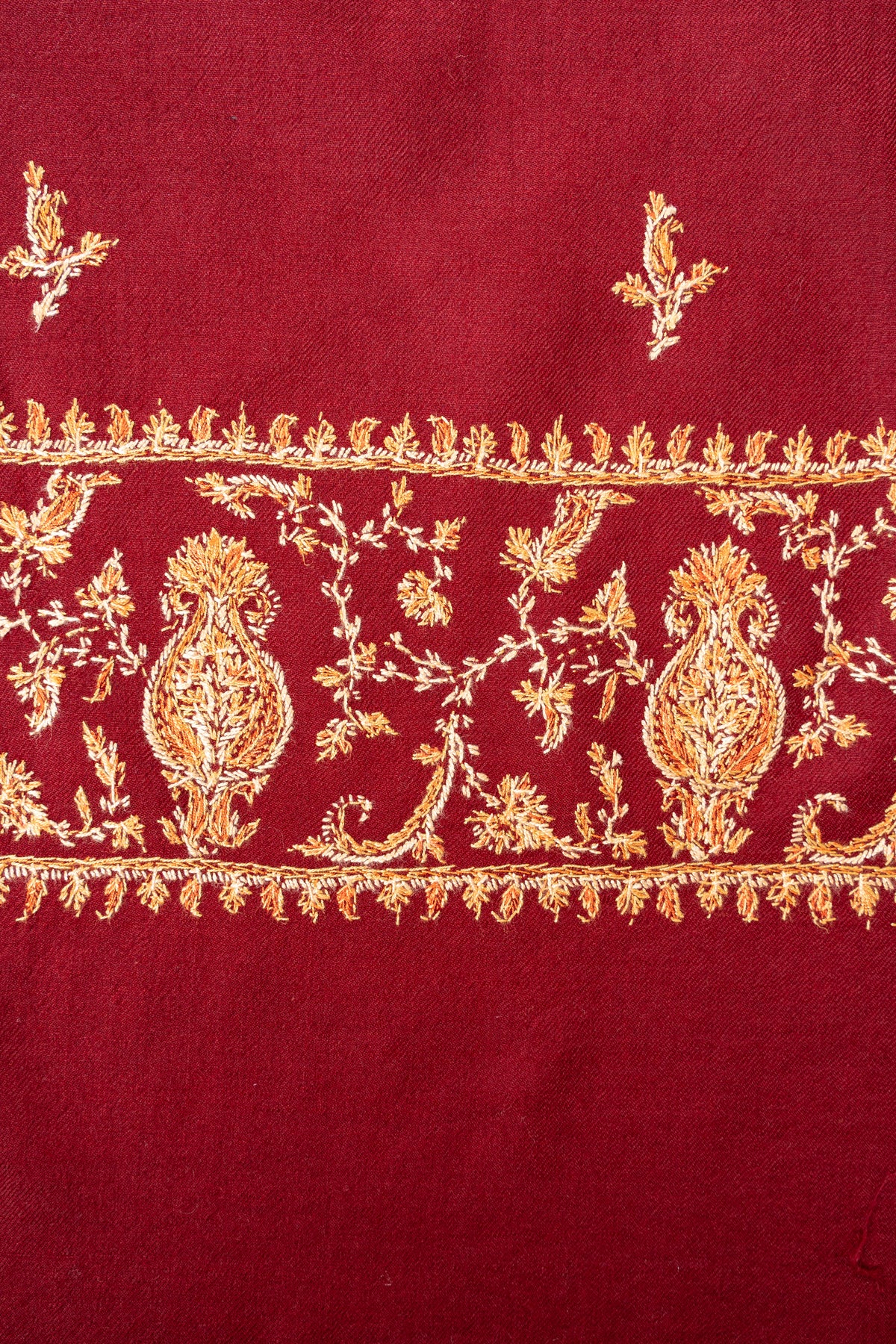 Royal Garnet Fine Merino Wool Shawl with Golden Sozni Hand Embroidered Floral Accents
