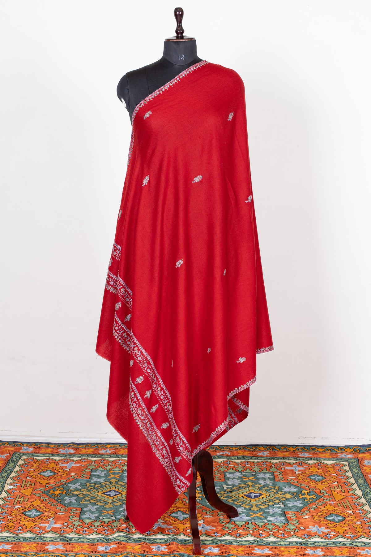 Scarlet Silver Grace Fine Merino Wool Shawl with Sozni Hand Embroidered Floral Borders
