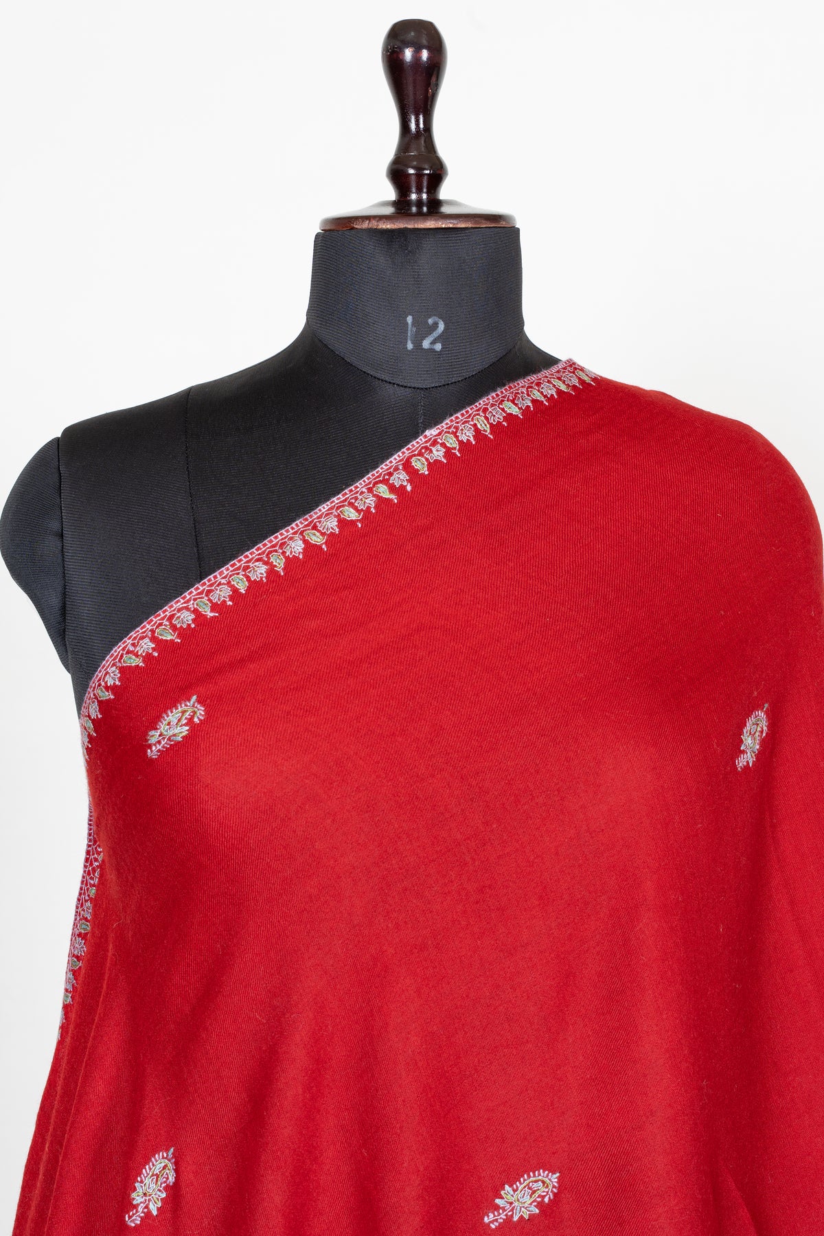 Scarlet Silver Grace Fine Merino Wool Shawl with Sozni Hand Embroidered Floral Borders