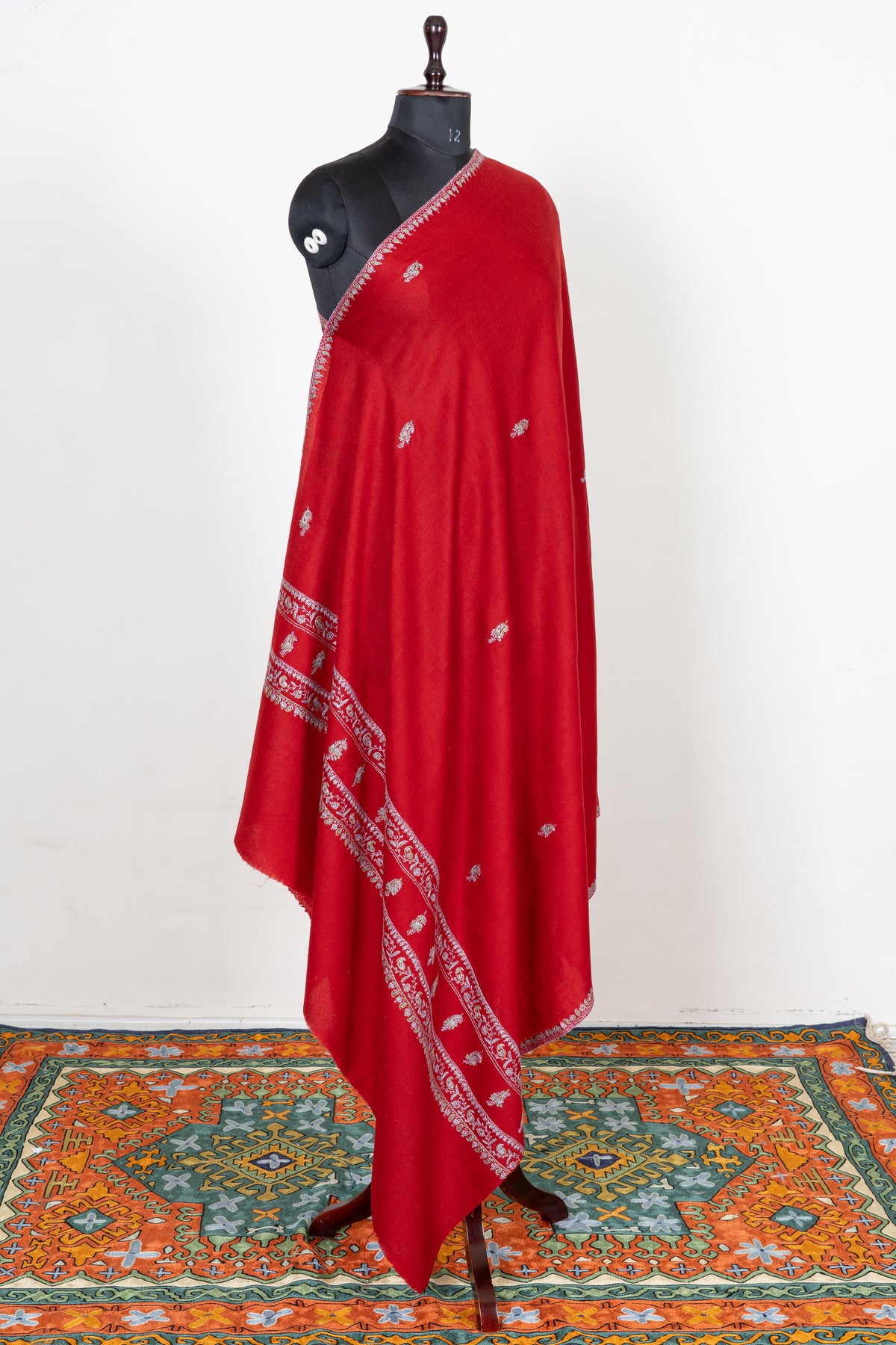 Scarlet Silver Grace Fine Merino Wool Shawl with Sozni Hand Embroidered Floral Borders