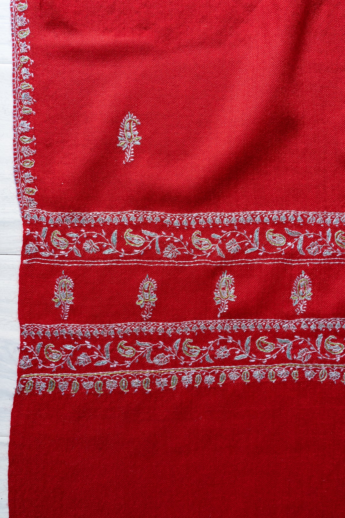 Scarlet Silver Grace Fine Merino Wool Shawl with Sozni Hand Embroidered Floral Borders