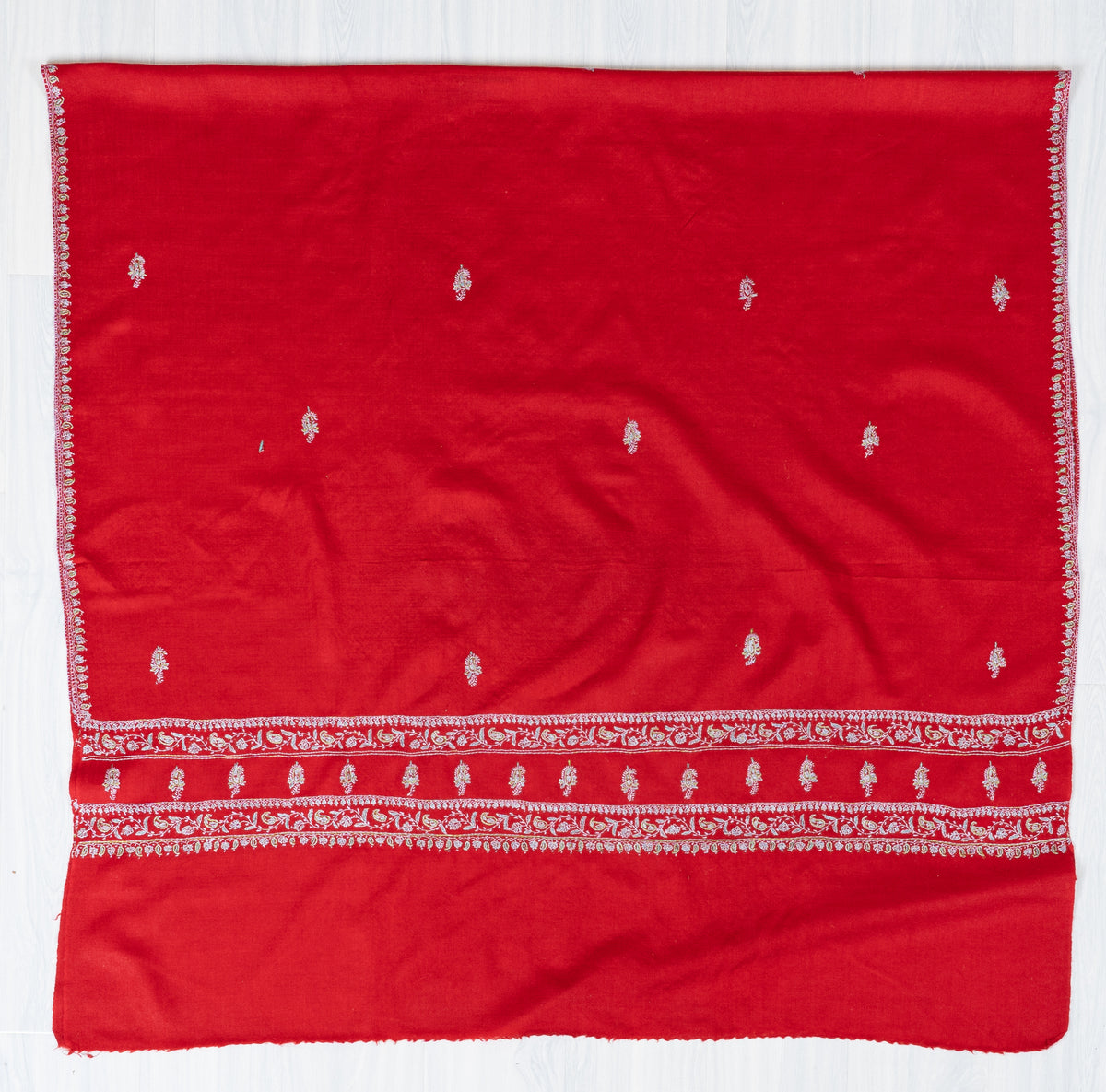 Scarlet Silver Grace Fine Merino Wool Shawl with Sozni Hand Embroidered Floral Borders