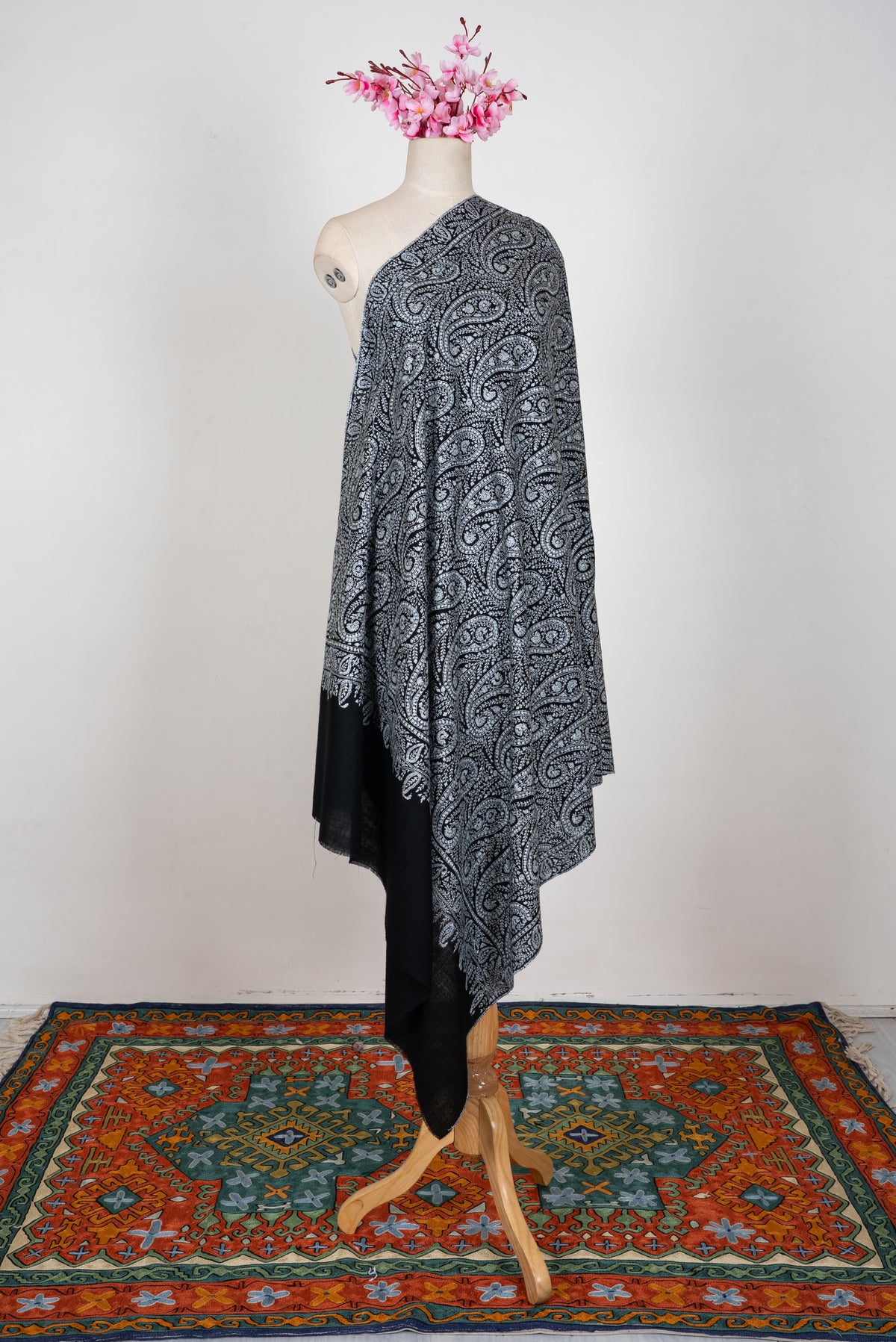 Noir Paisley Symphony: Pure Pashmina Hand Embroidered Shawl