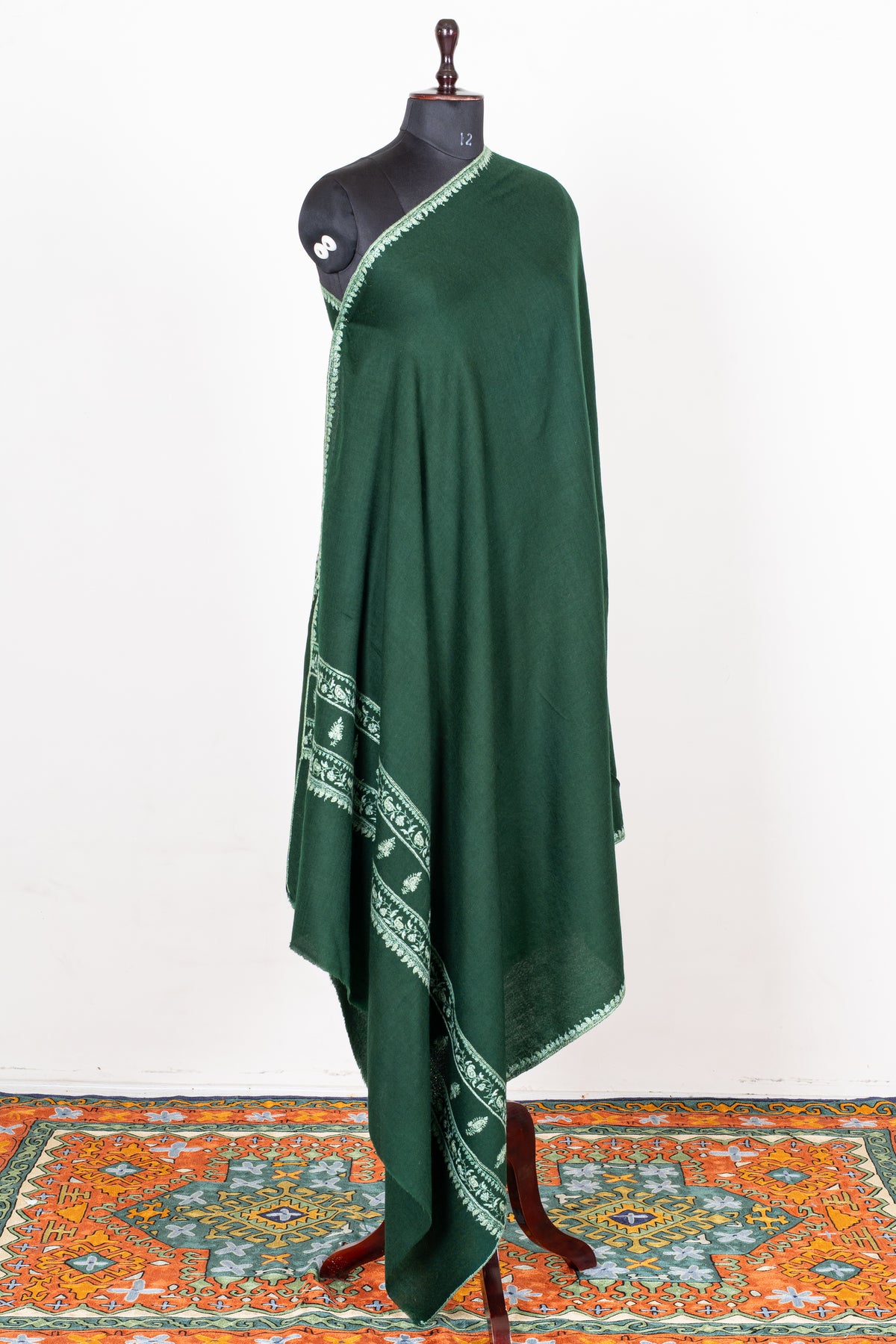 Emerald Heritage Fine Merino Wool Shawl with Ivory Sozni Hand Embroidered Borders