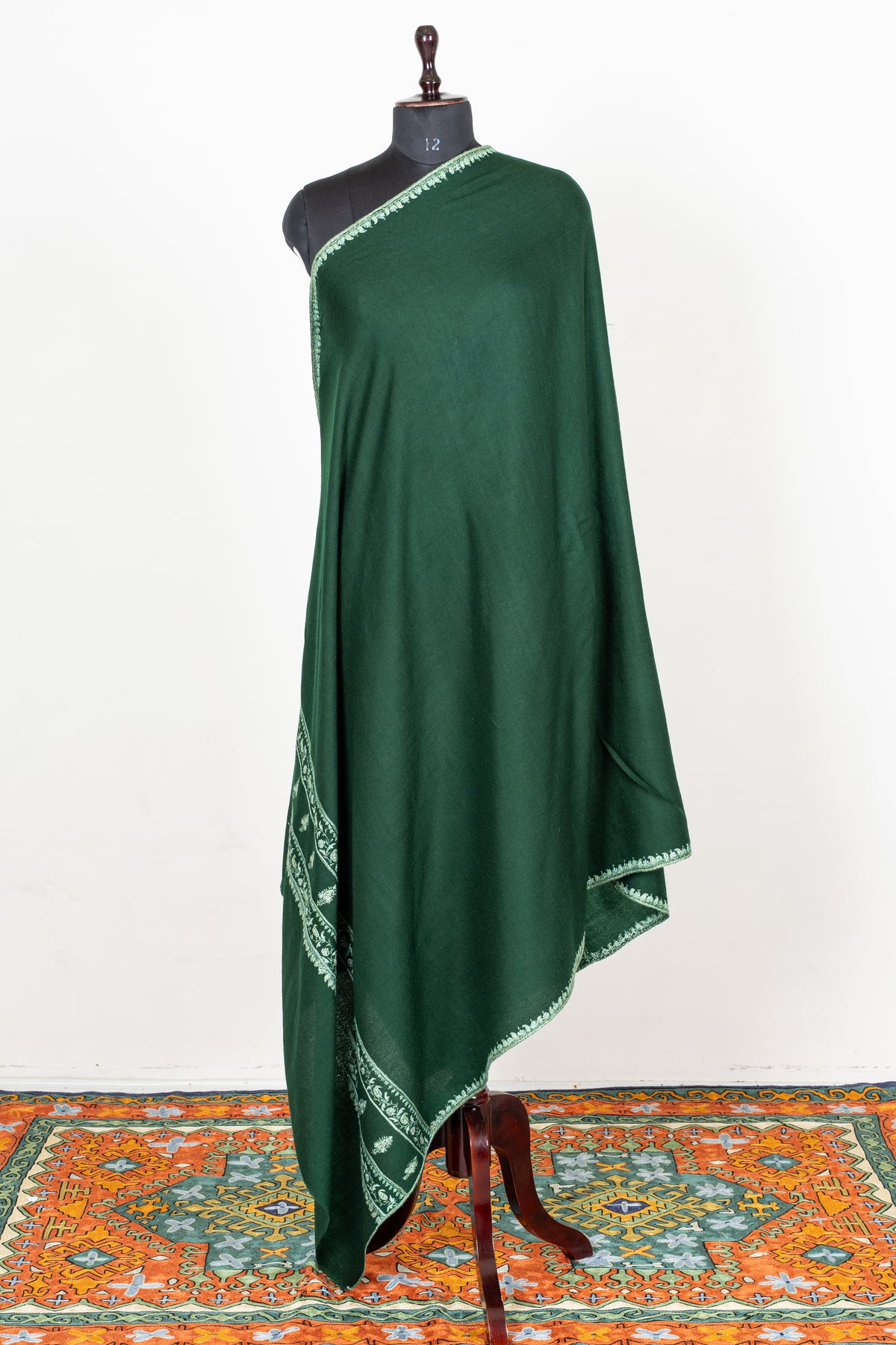 Emerald Heritage Fine Merino Wool Shawl with Ivory Sozni Hand Embroidered Borders