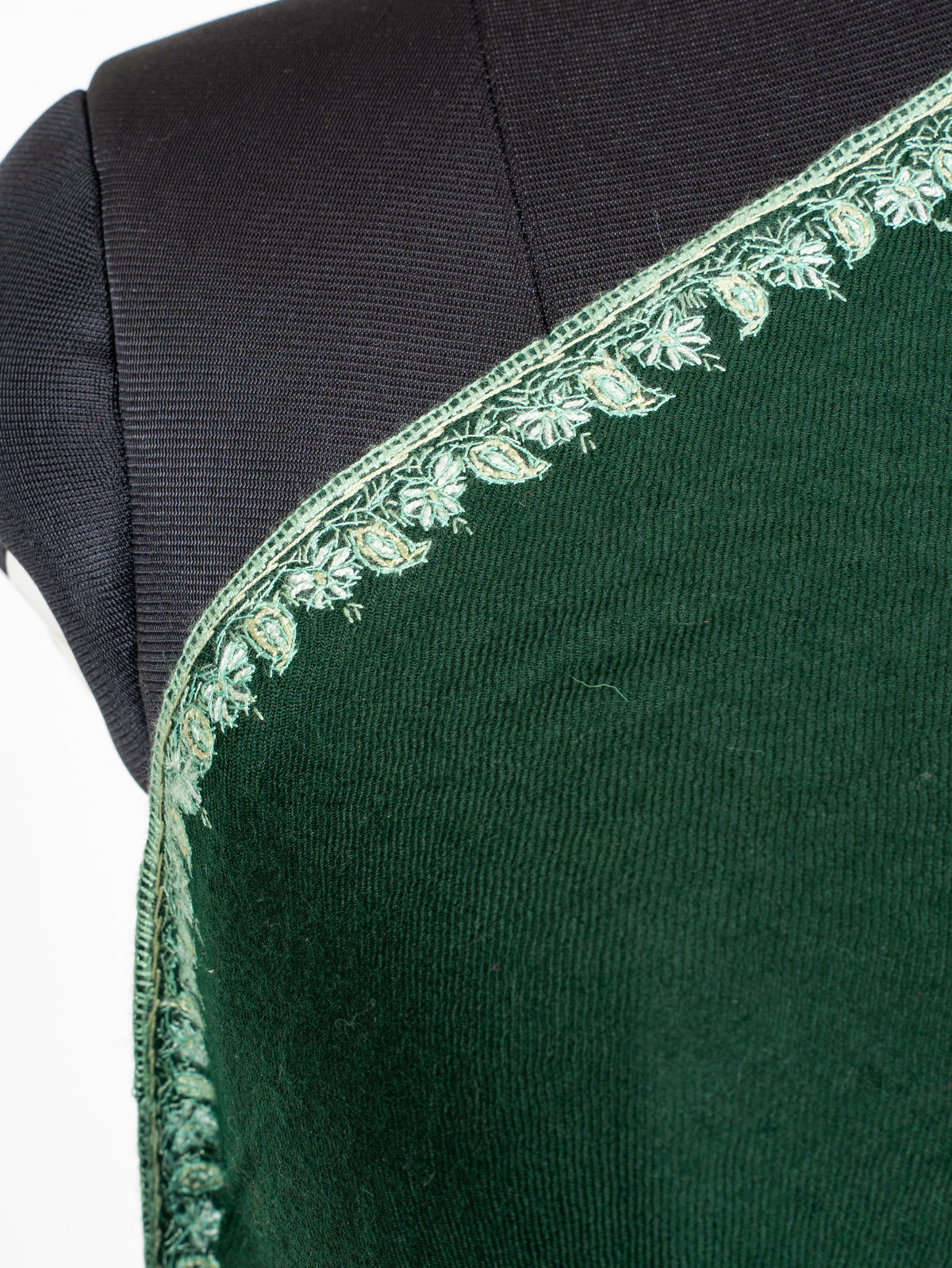 Emerald Heritage Fine Merino Wool Shawl with Ivory Sozni Hand Embroidered Borders