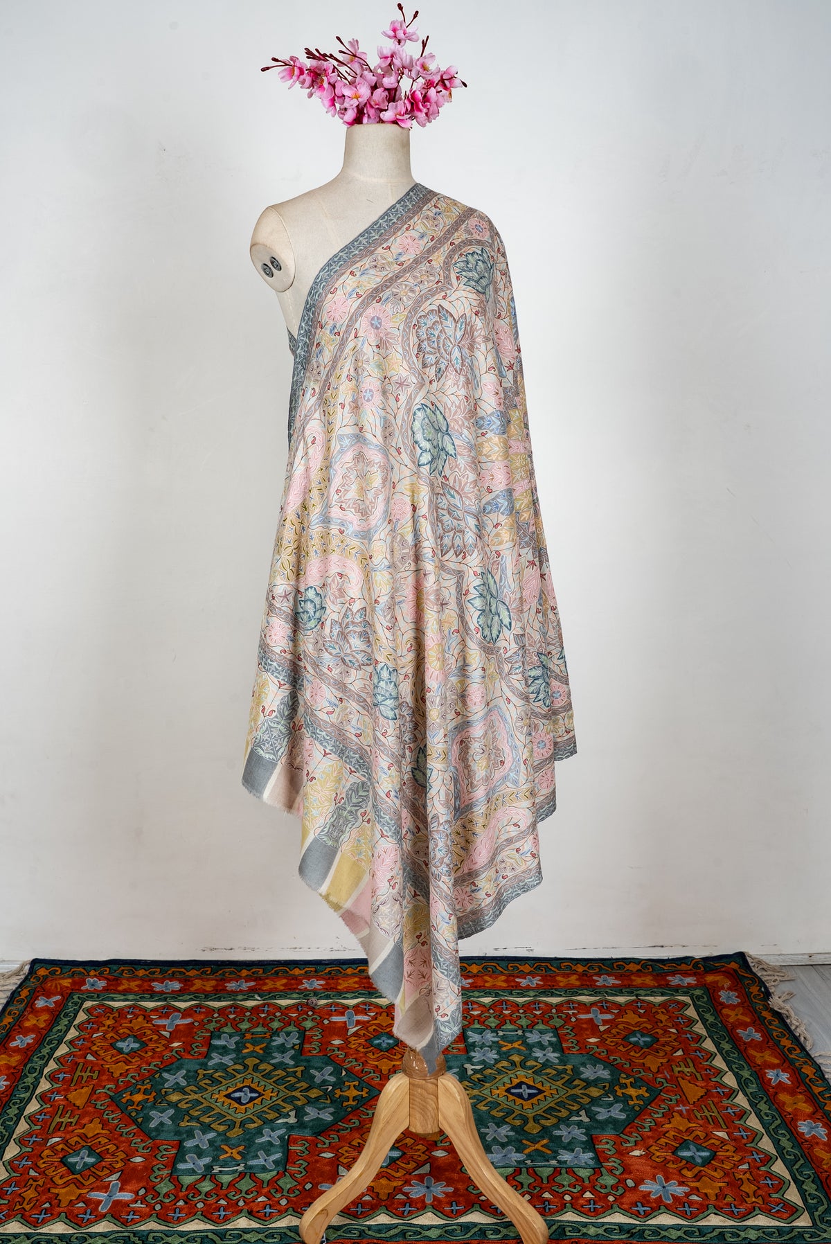 Pastel Meadow Elegance: Pure Pashmina Kalamkari Hand Embroidered Shawl
