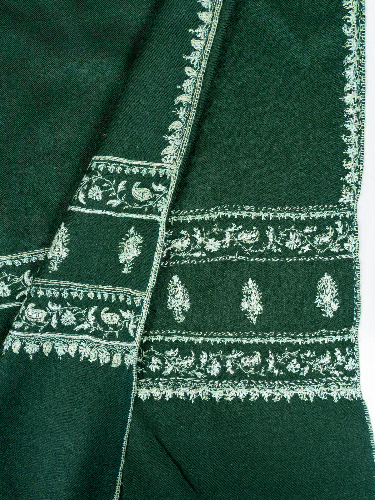 Emerald Heritage Fine Merino Wool Shawl with Ivory Sozni Hand Embroidered Borders