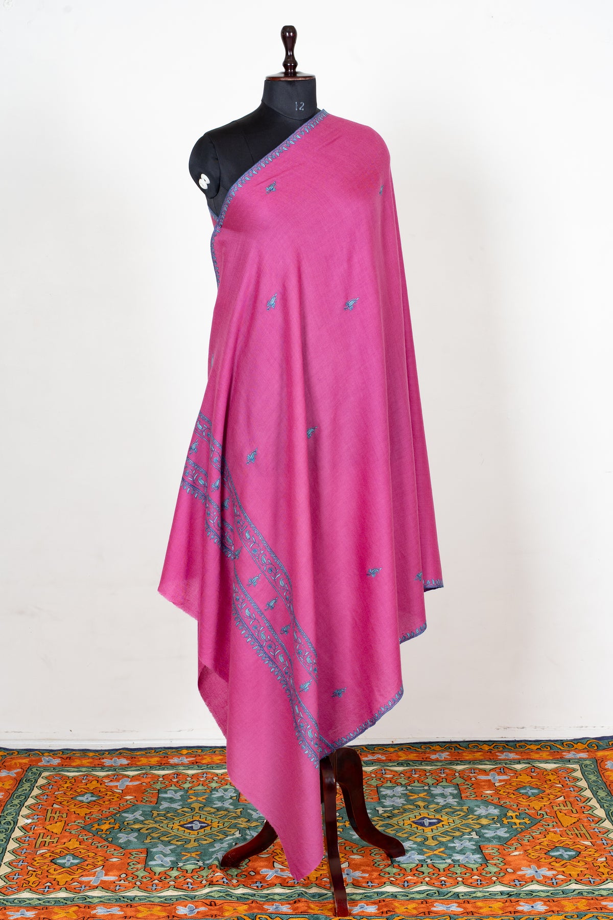 Roseberry Charm Fine Merino Wool Shawl with Teal Sozni Hand Embroidered Accents
