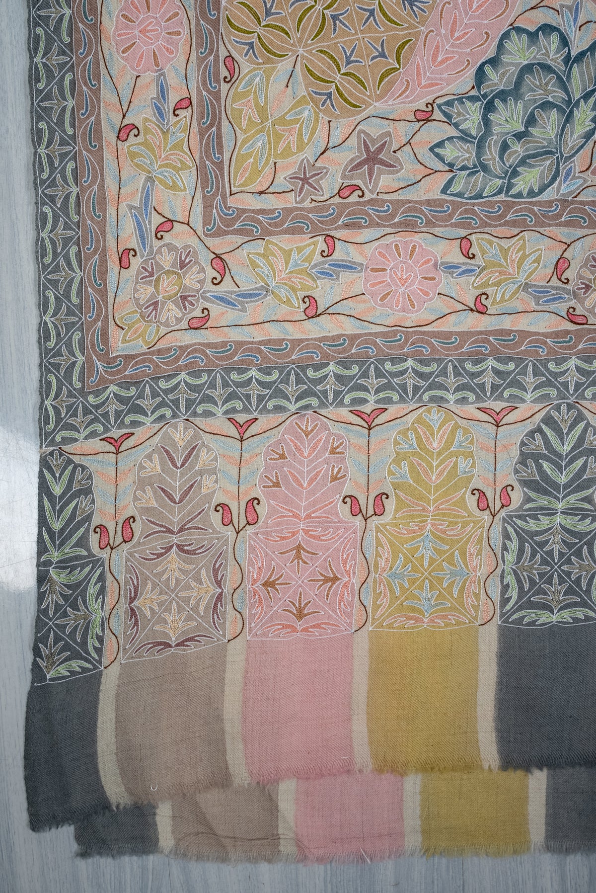 Pastel Meadow Elegance: Pure Pashmina Kalamkari Hand Embroidered Shawl