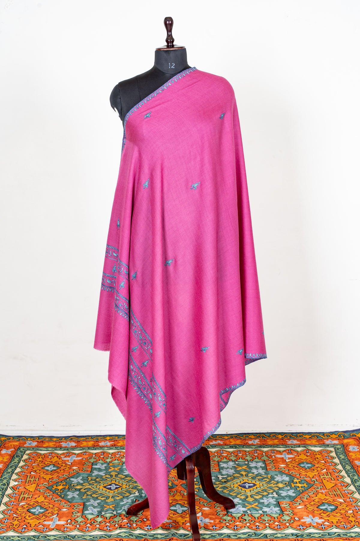 Roseberry Charm Fine Merino Wool Shawl with Teal Sozni Hand Embroidered Accents