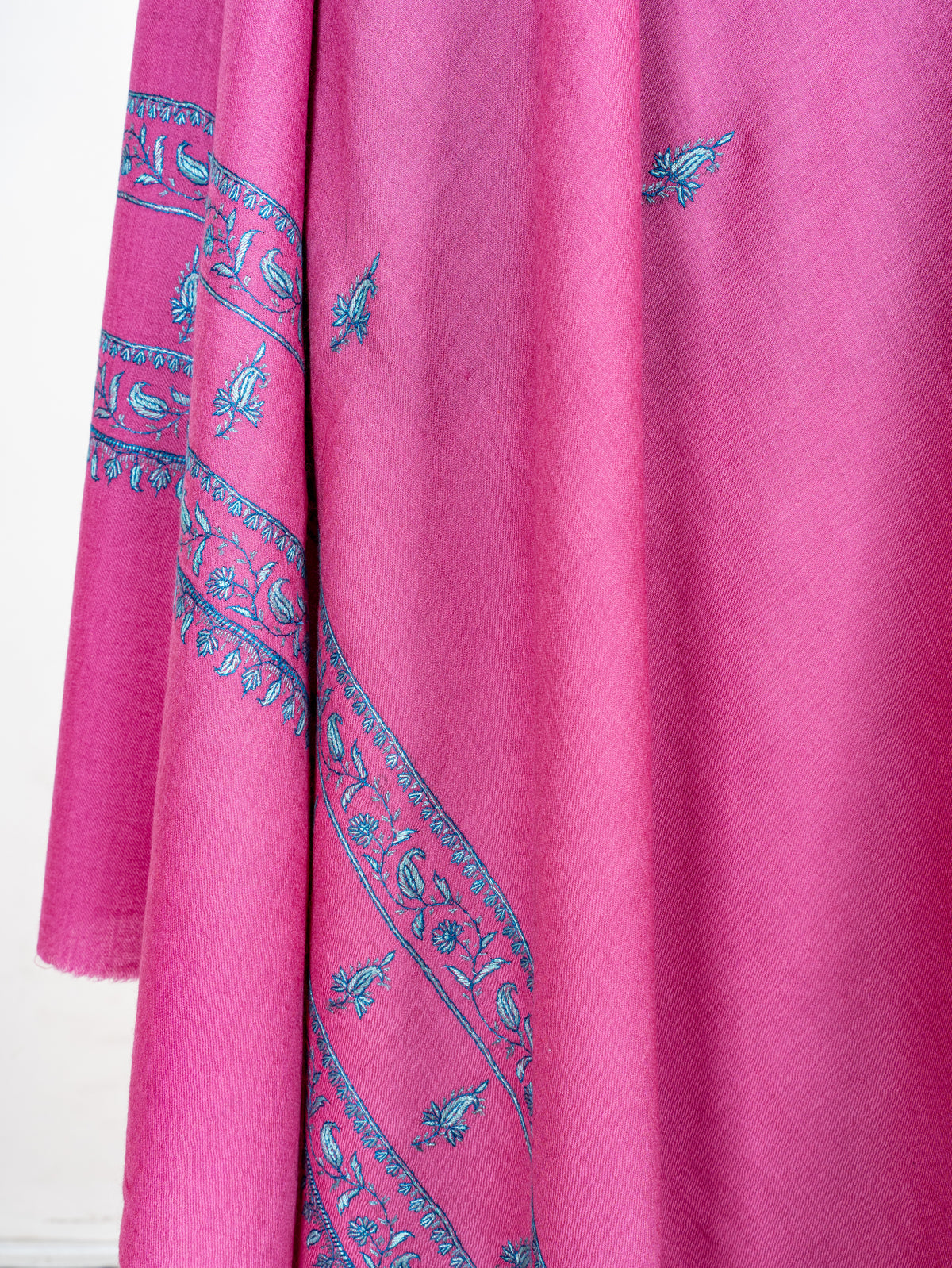 Roseberry Charm Fine Merino Wool Shawl with Teal Sozni Hand Embroidered Accents