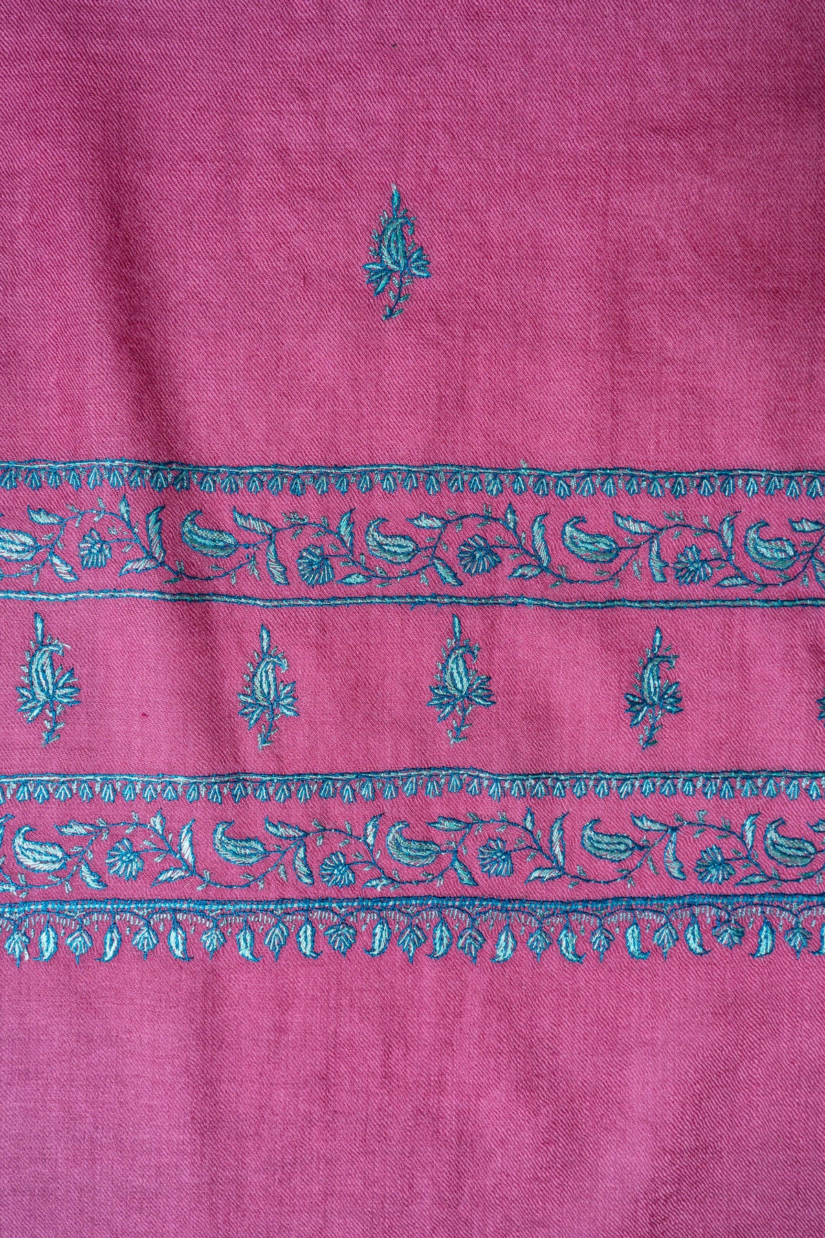 Roseberry Charm Fine Merino Wool Shawl with Teal Sozni Hand Embroidered Accents