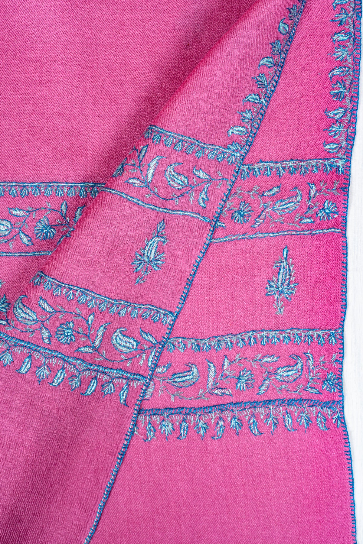 Roseberry Charm Fine Merino Wool Shawl with Teal Sozni Hand Embroidered Accents