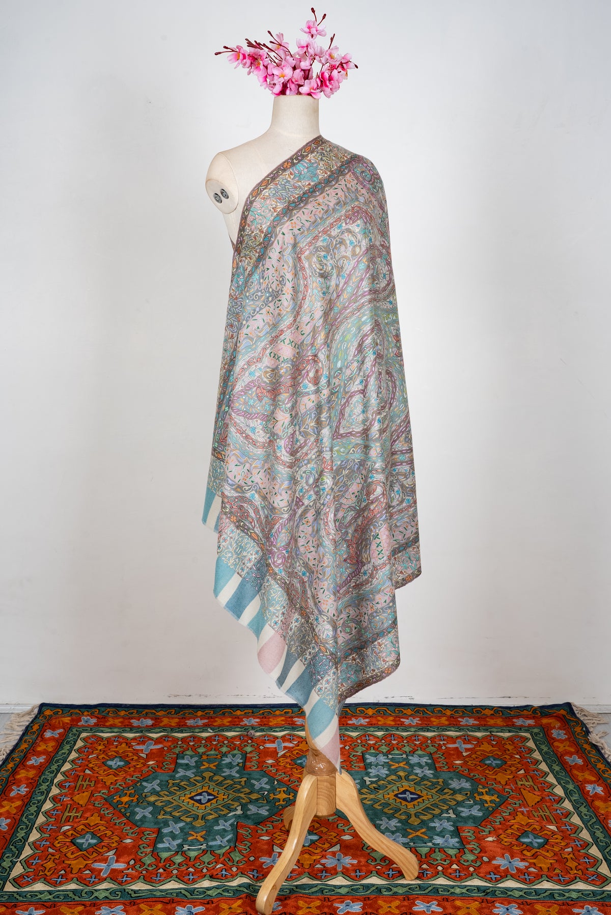 Celeste Paisley Bloom: Pure Pashmina Kalamkari Hand Embroidered Shawl