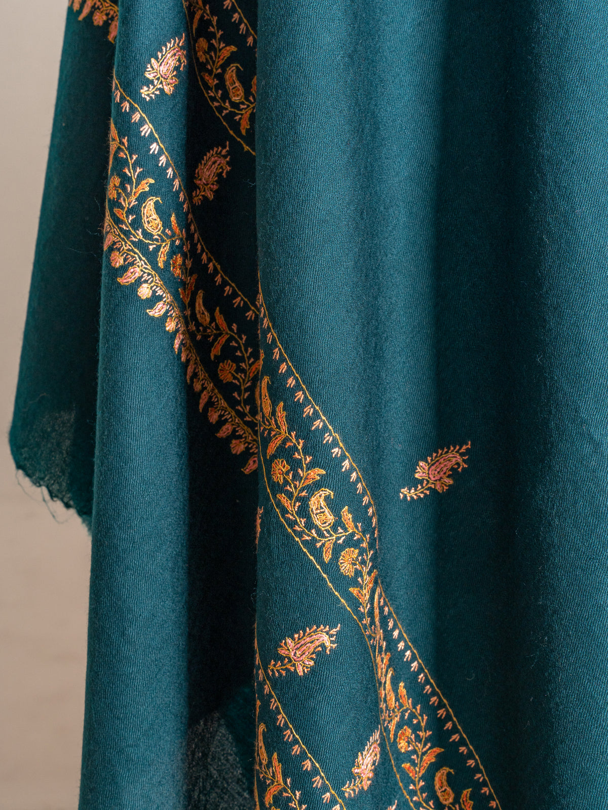 Deep Teal Fine Merino Wool Shawl with Golden Sozni Hand Embroidered Floral Borders