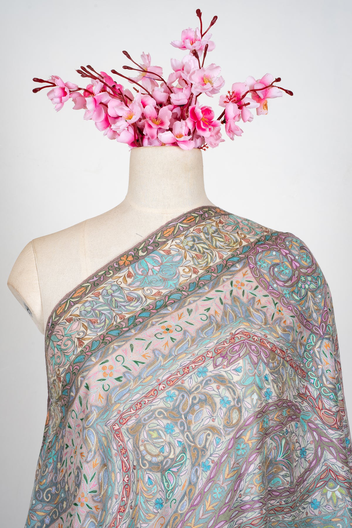 Celeste Paisley Bloom: Pure Pashmina Kalamkari Hand Embroidered Shawl