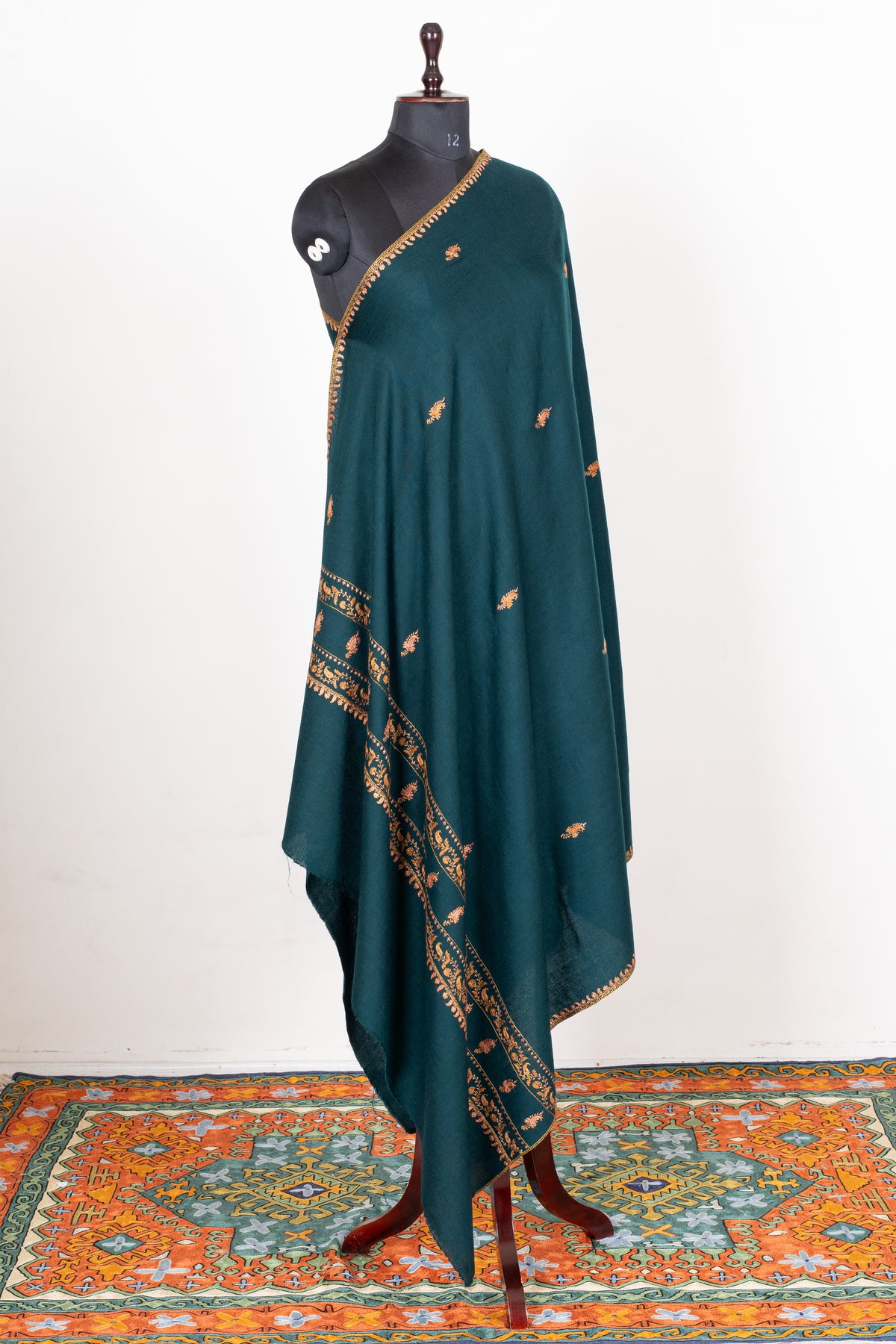 Deep Teal Fine Merino Wool Shawl with Golden Sozni Hand Embroidered Floral Borders