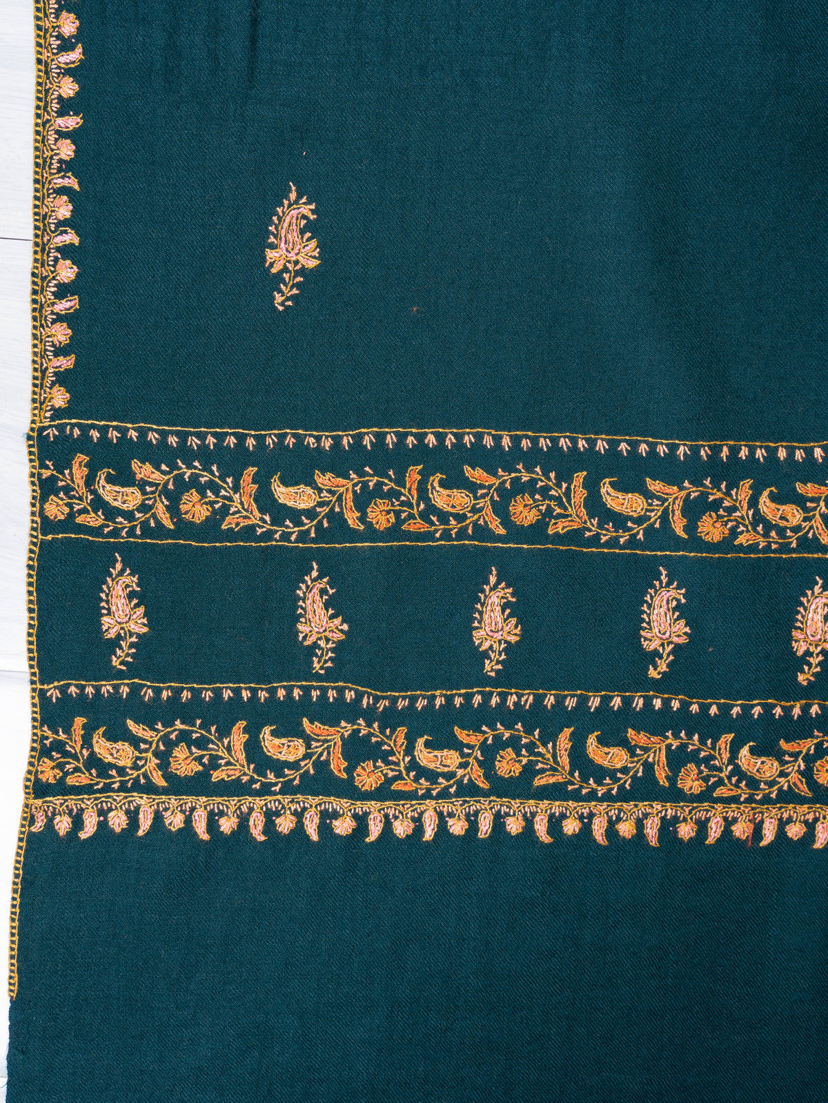 Deep Teal Fine Merino Wool Shawl with Golden Sozni Hand Embroidered Floral Borders