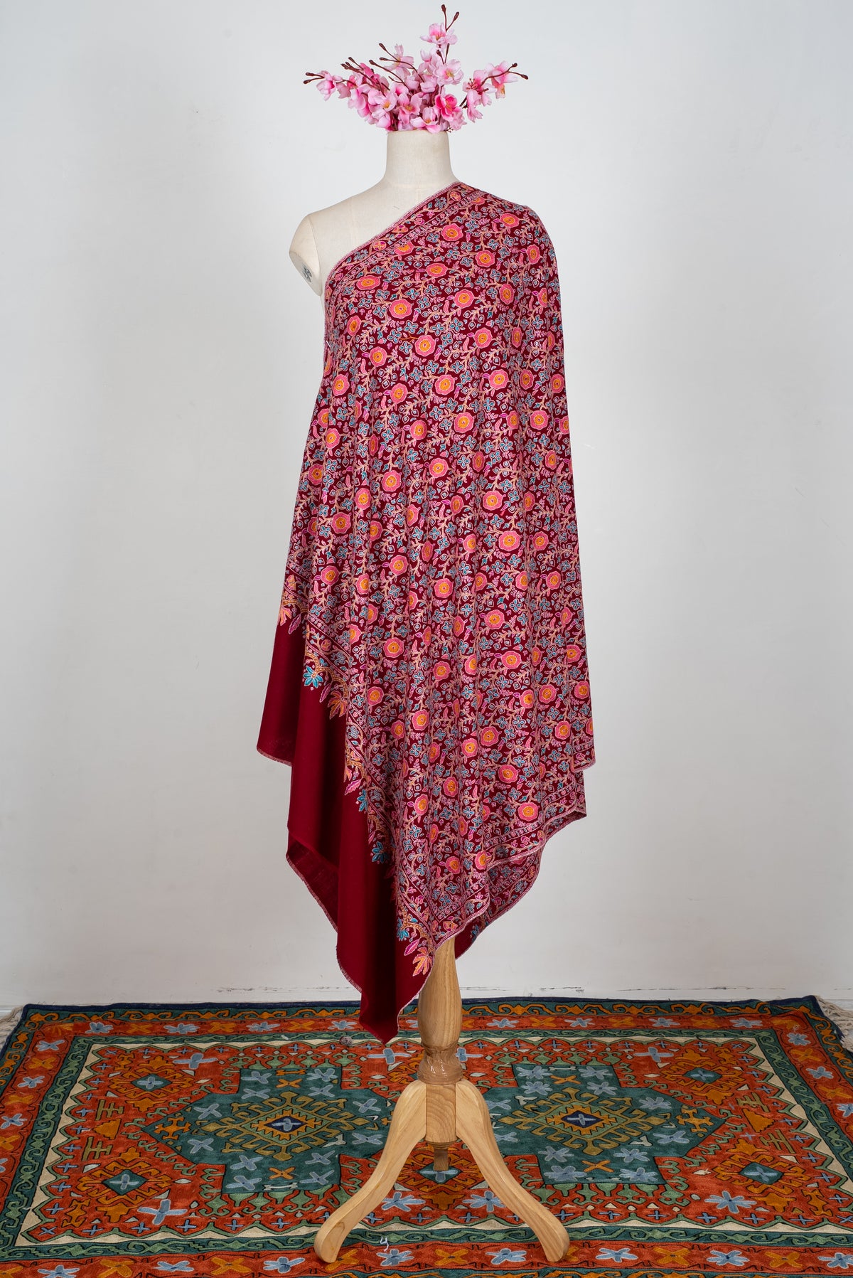 Ruby Garden Royale: Pure Pashmina Hand Embroidered Shawl