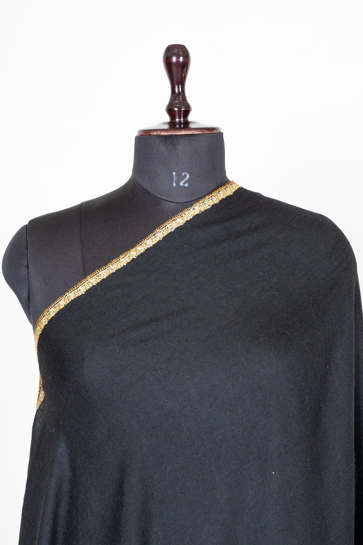 Midnight Noir Fine Merino Wool Shawl with Golden Sozni Hand Embroidered Stripes