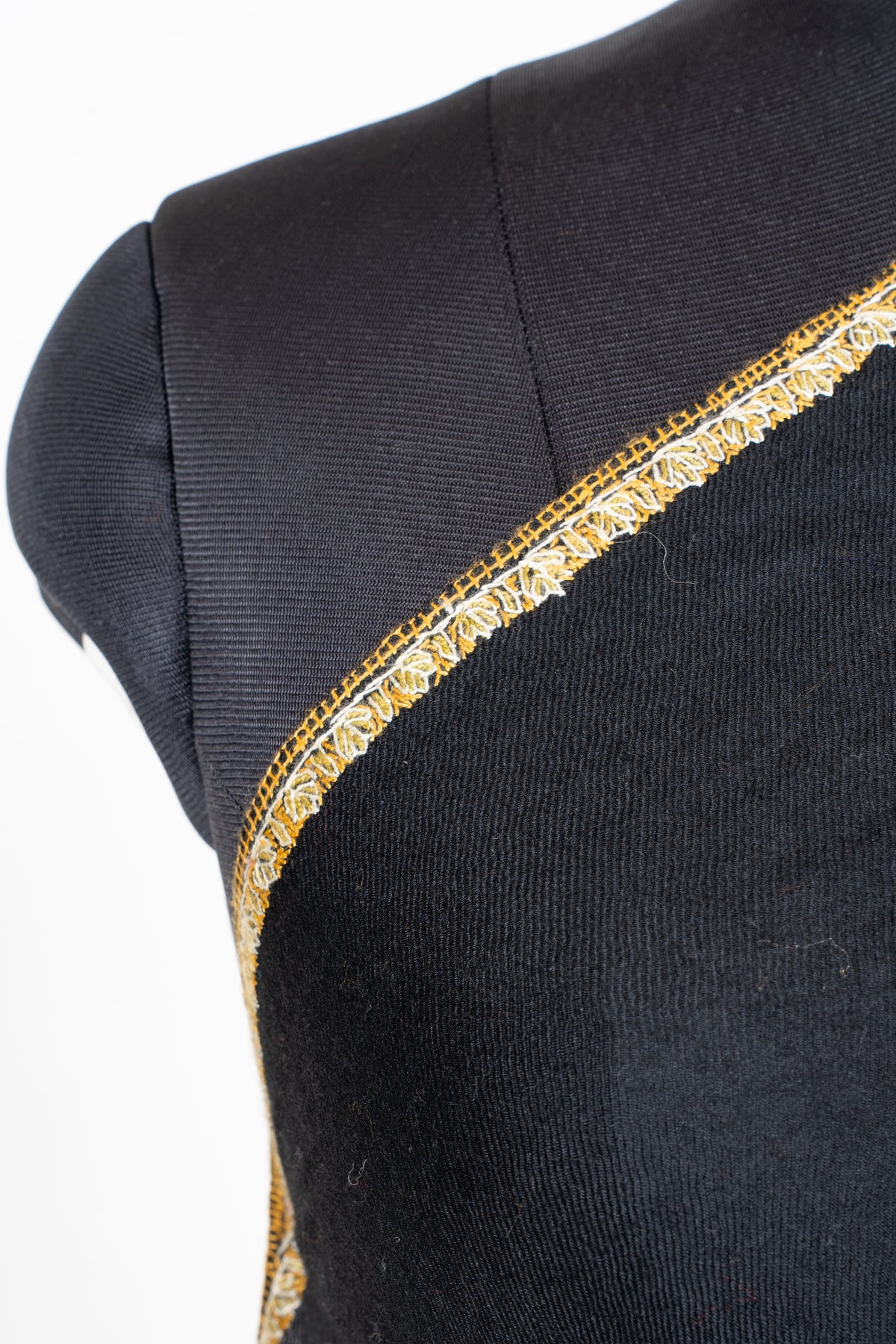 Midnight Noir Fine Merino Wool Shawl with Golden Sozni Hand Embroidered Stripes