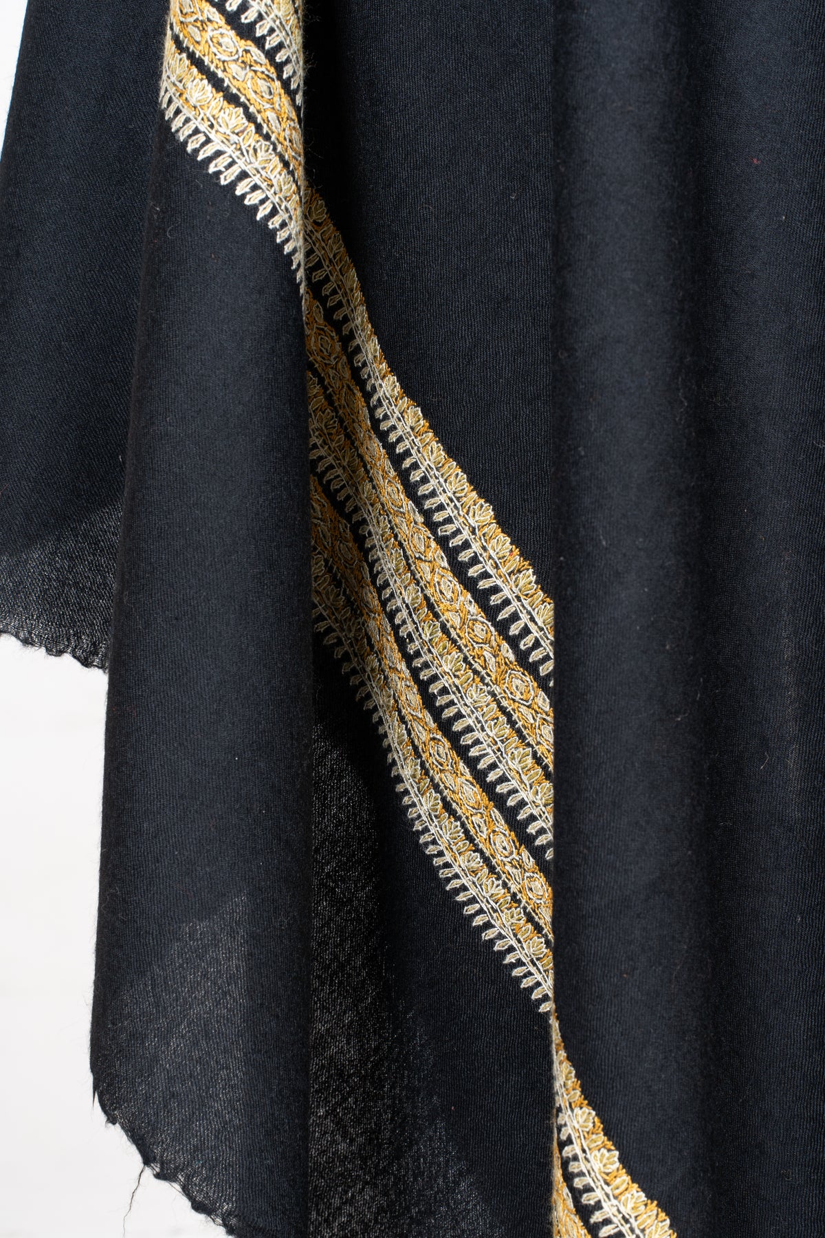 Midnight Noir Fine Merino Wool Shawl with Golden Sozni Hand Embroidered Stripes