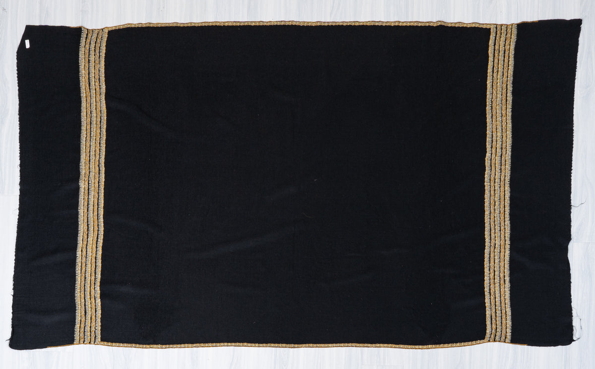 Midnight Noir Fine Merino Wool Shawl with Golden Sozni Hand Embroidered Stripes