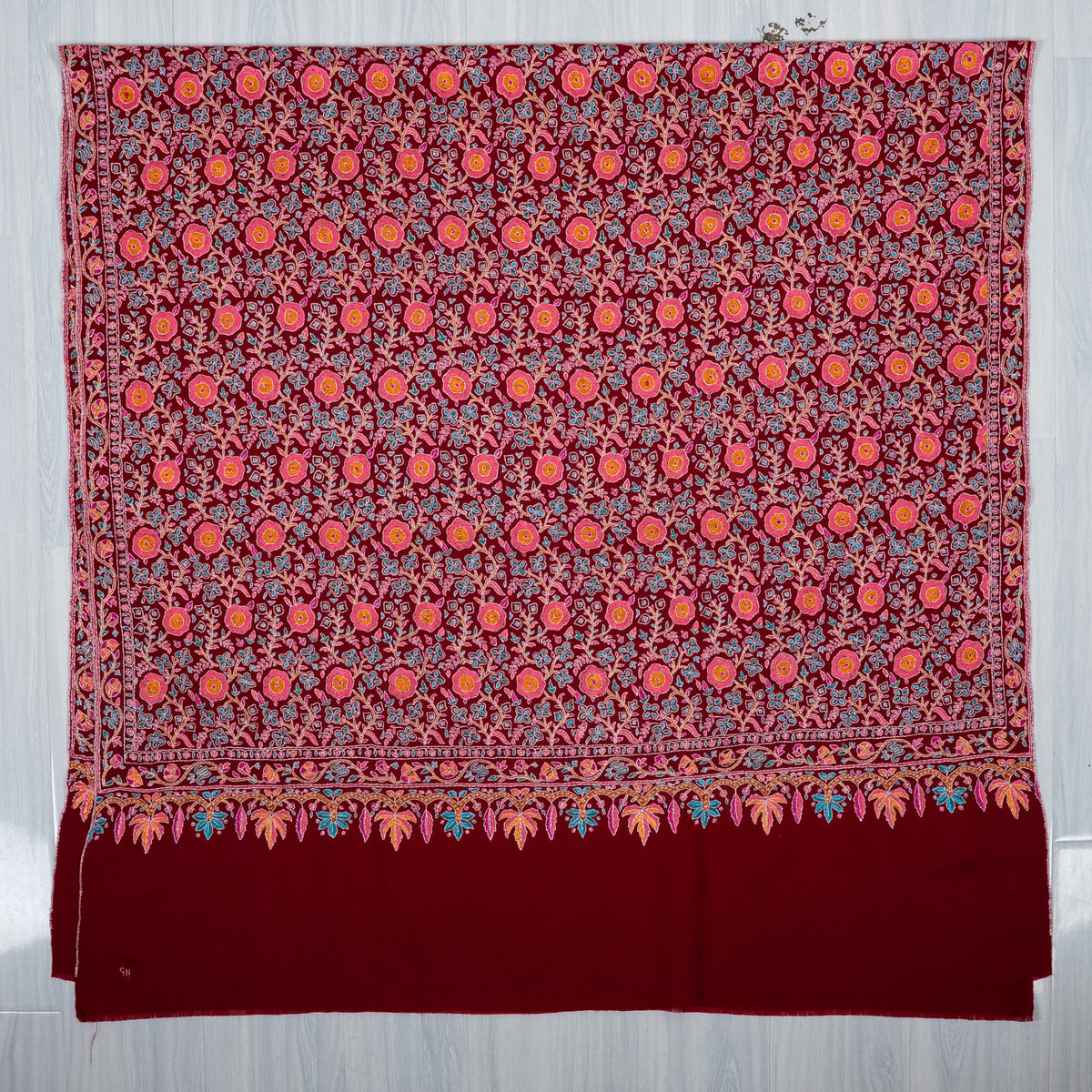 Ruby Garden Royale: Pure Pashmina Hand Embroidered Shawl