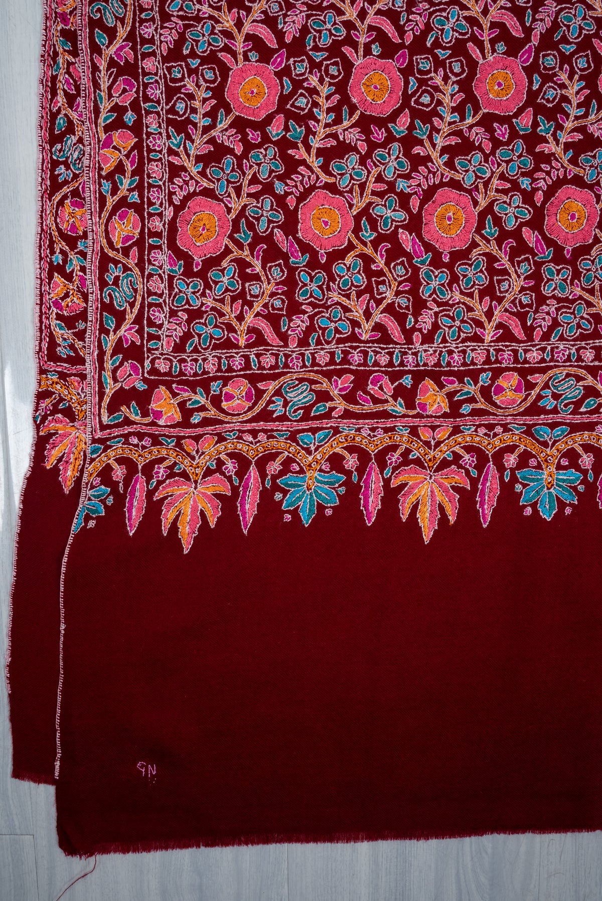 Ruby Garden Royale: Pure Pashmina Hand Embroidered Shawl