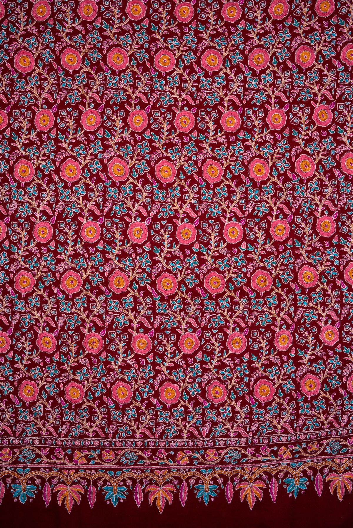 Ruby Garden Royale: Pure Pashmina Hand Embroidered Shawl