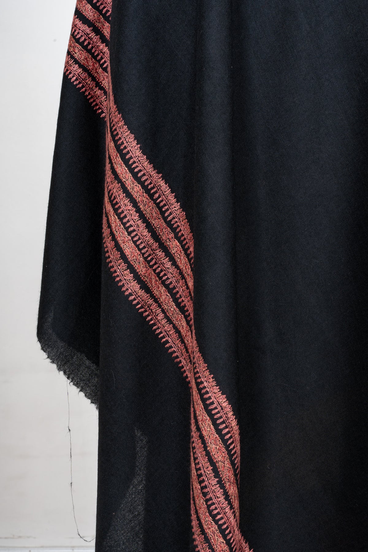 Noir Rose Fine Merino Wool Shawl with Coral Sozni Hand Embroidered Stripes