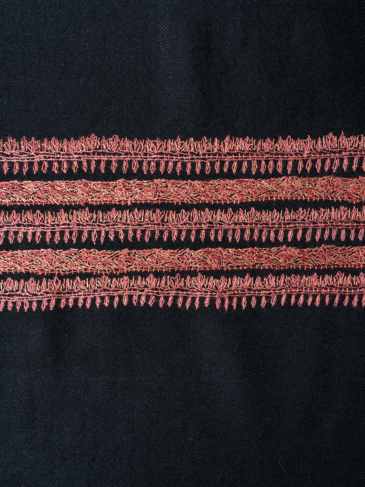 Noir Rose Fine Merino Wool Shawl with Coral Sozni Hand Embroidered Stripes