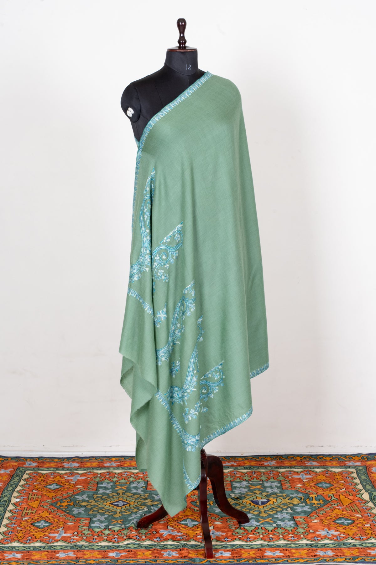 Sage Serenity Fine Merino Wool Shawl with Sky Blue Sozni Hand Embroidered Paisleys