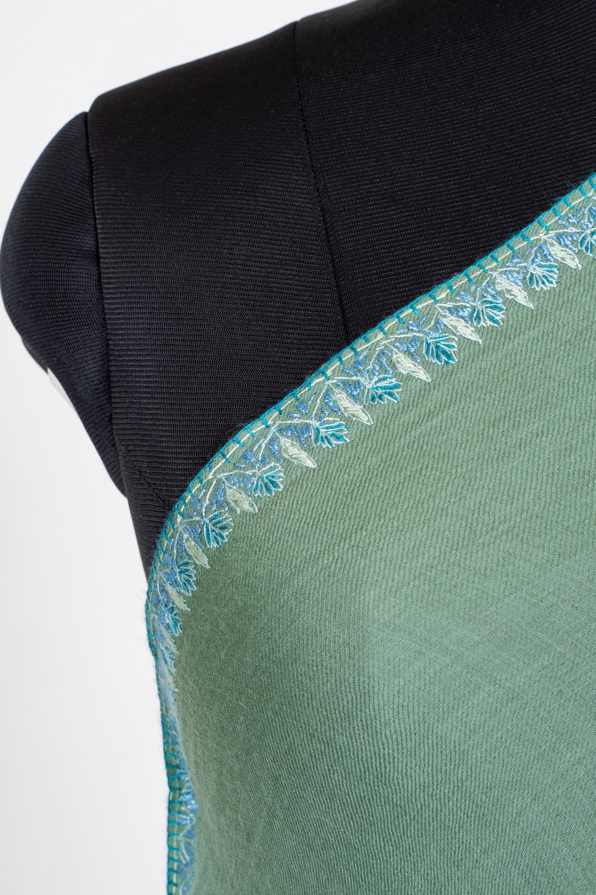 Sage Serenity Fine Merino Wool Shawl with Sky Blue Sozni Hand Embroidered Paisleys