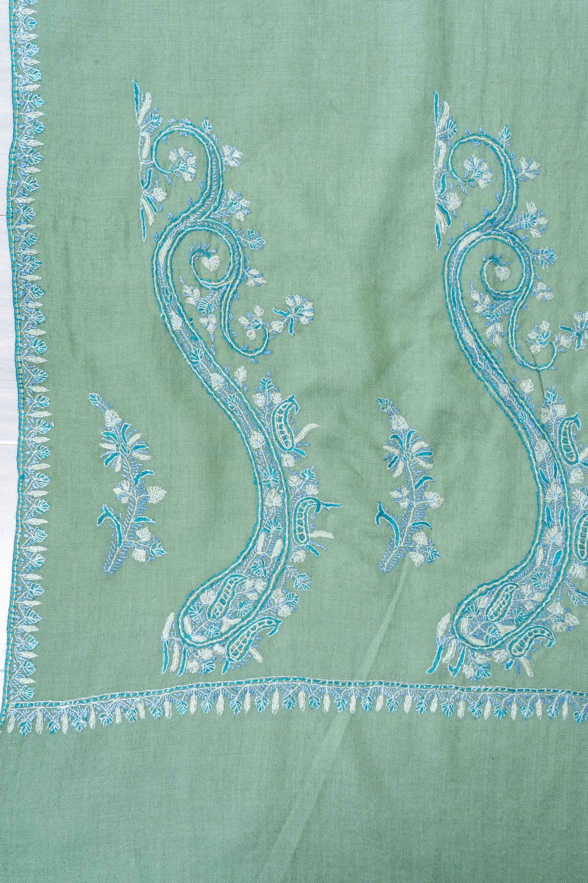 Sage Serenity Fine Merino Wool Shawl with Sky Blue Sozni Hand Embroidered Paisleys