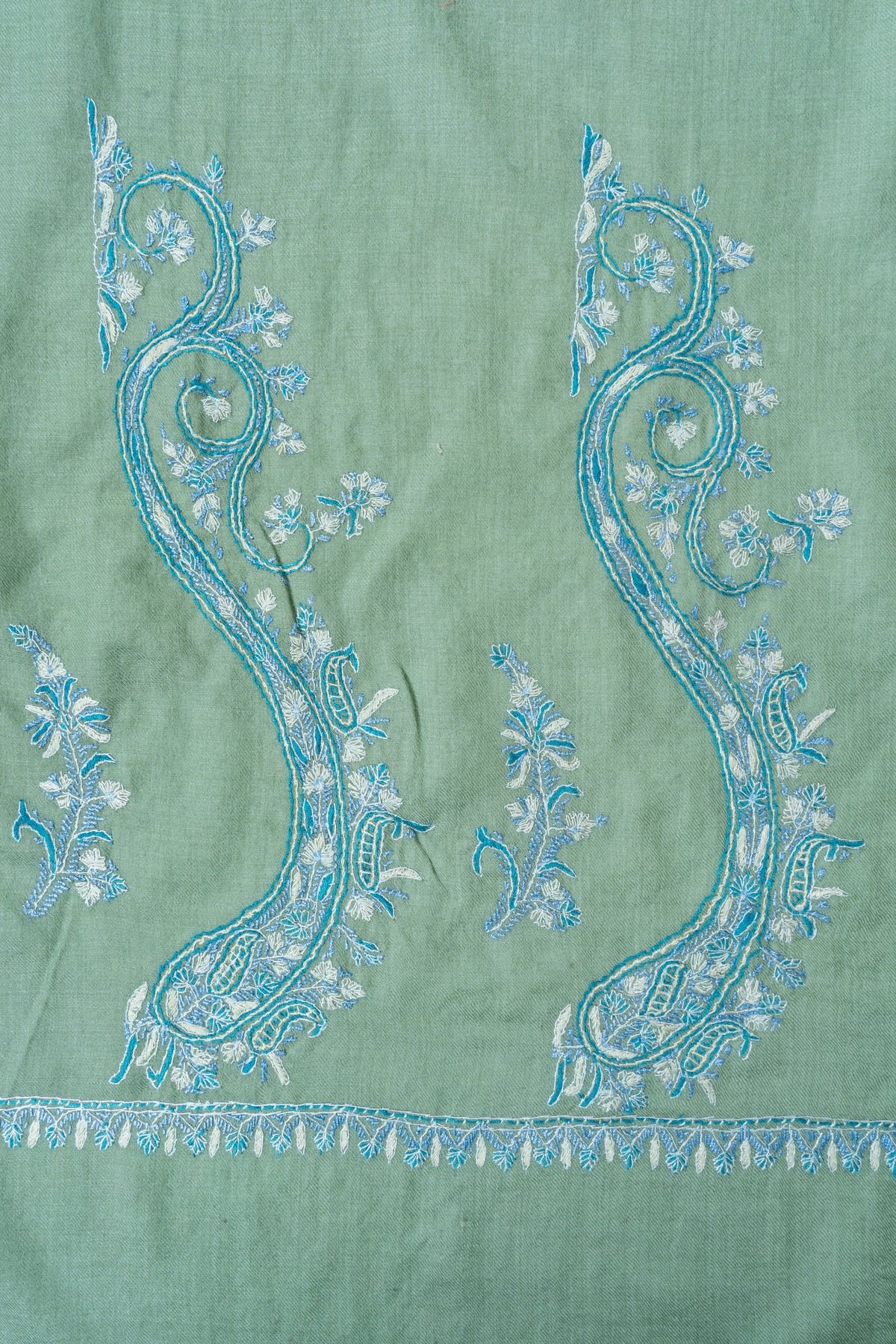 Sage Serenity Fine Merino Wool Shawl with Sky Blue Sozni Hand Embroidered Paisleys