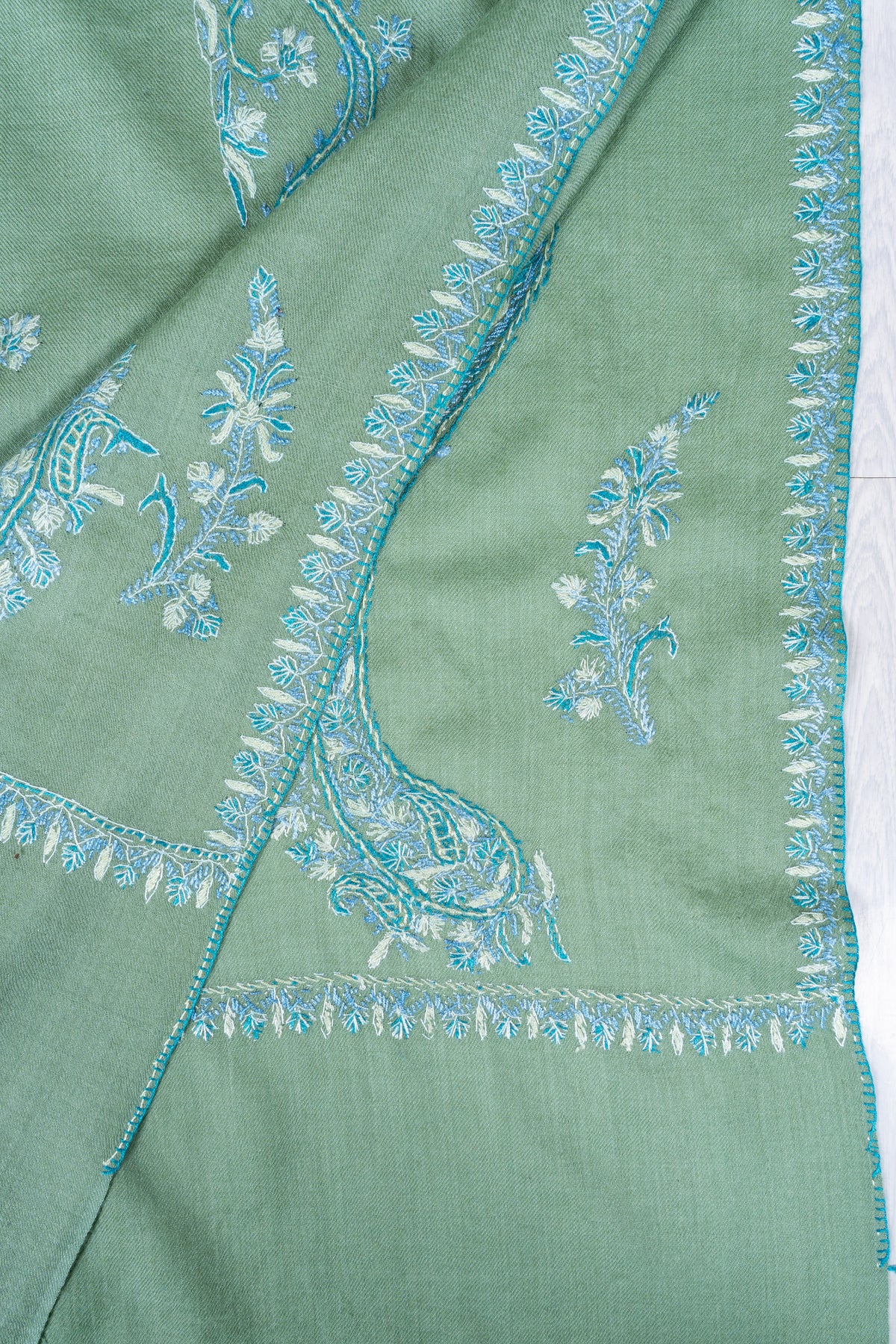 Sage Serenity Fine Merino Wool Shawl with Sky Blue Sozni Hand Embroidered Paisleys