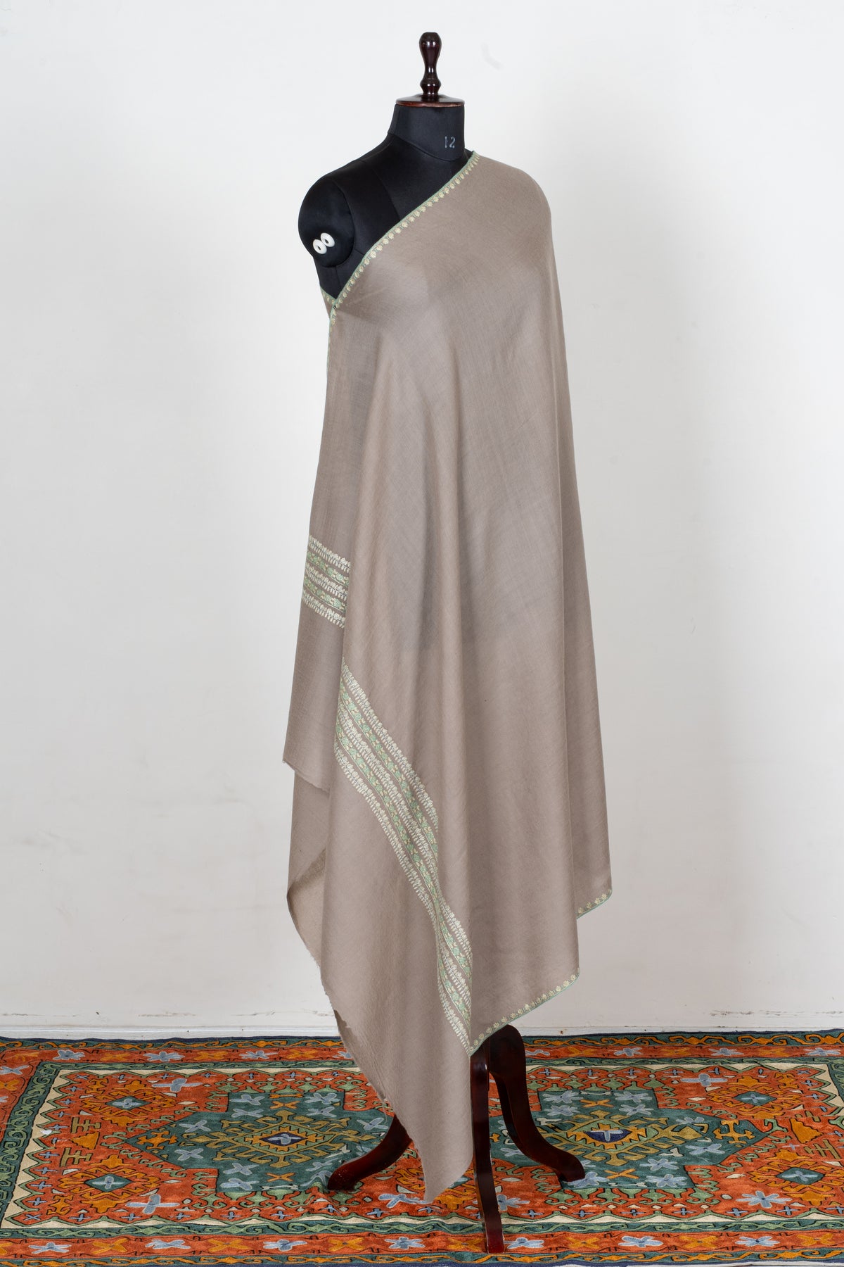 Taupe Elegance Fine Merino Wool Shawl with Mint Green Sozni Hand Embroidered Stripes