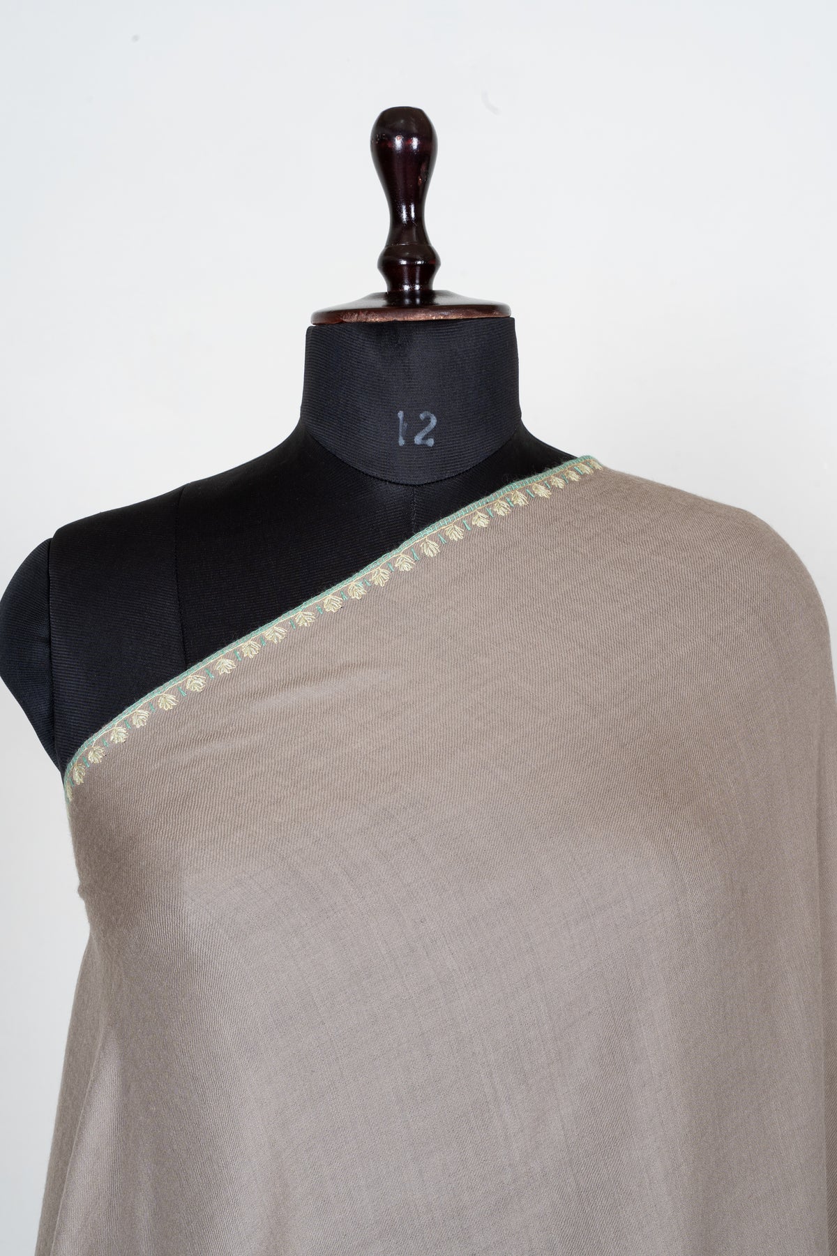 Taupe Elegance Fine Merino Wool Shawl with Mint Green Sozni Hand Embroidered Stripes