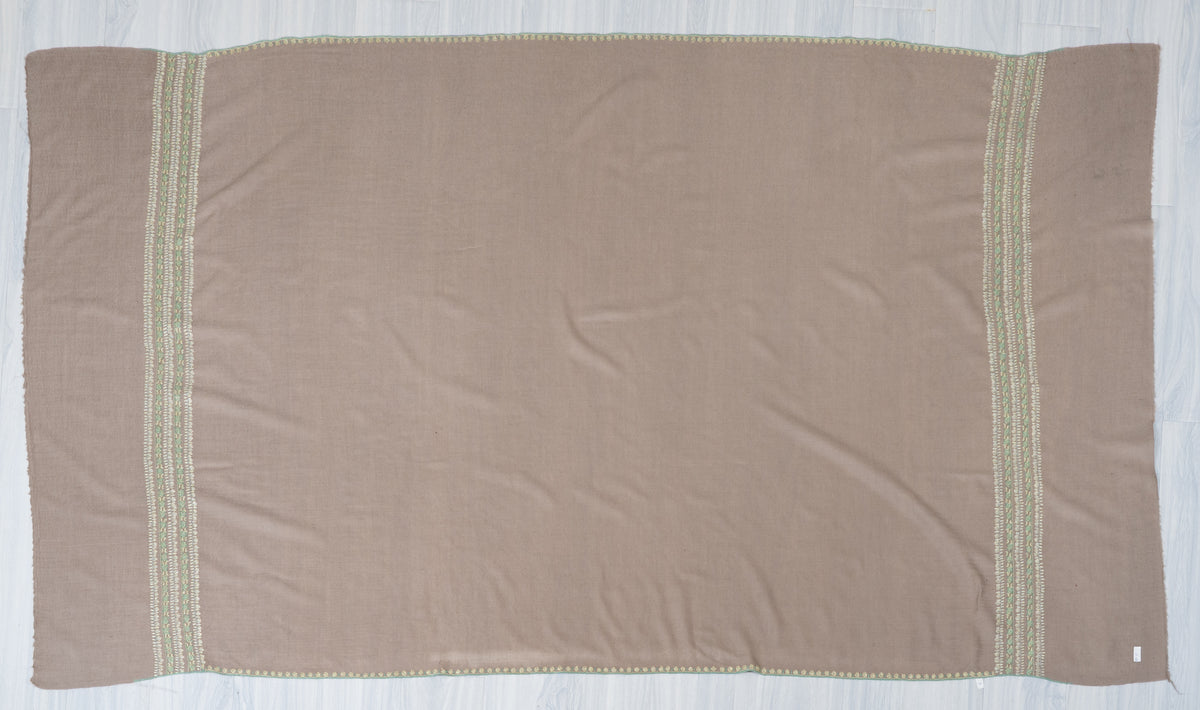 Taupe Elegance Fine Merino Wool Shawl with Mint Green Sozni Hand Embroidered Stripes