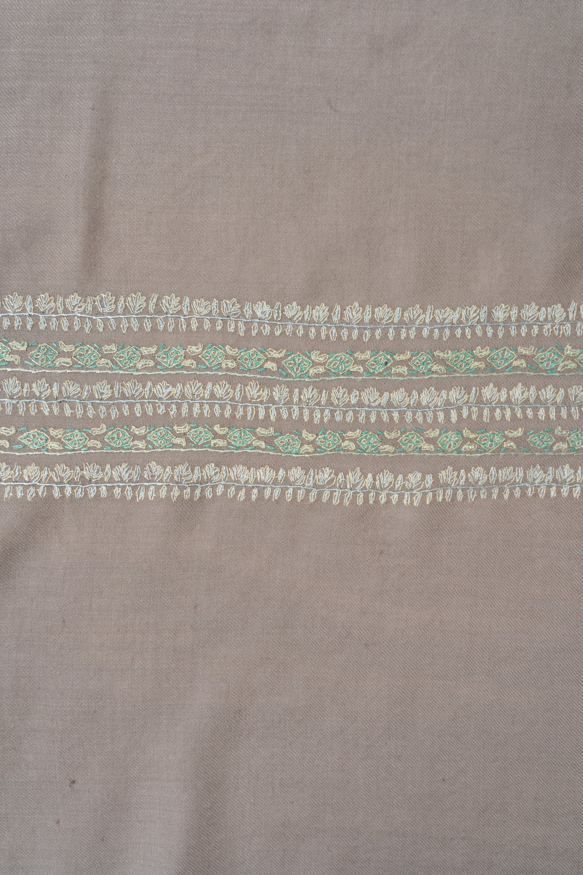 Taupe Elegance Fine Merino Wool Shawl with Mint Green Sozni Hand Embroidered Stripes