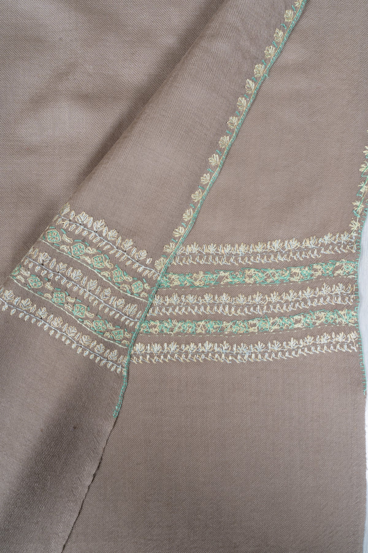 Taupe Elegance Fine Merino Wool Shawl with Mint Green Sozni Hand Embroidered Stripes