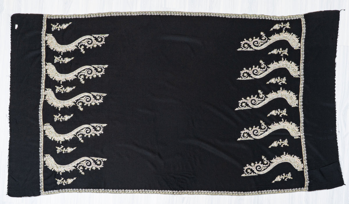 Ivory Moonlight Fine Merino Wool Shawl with Sozni Hand Embroidered Ornamental Paisleys